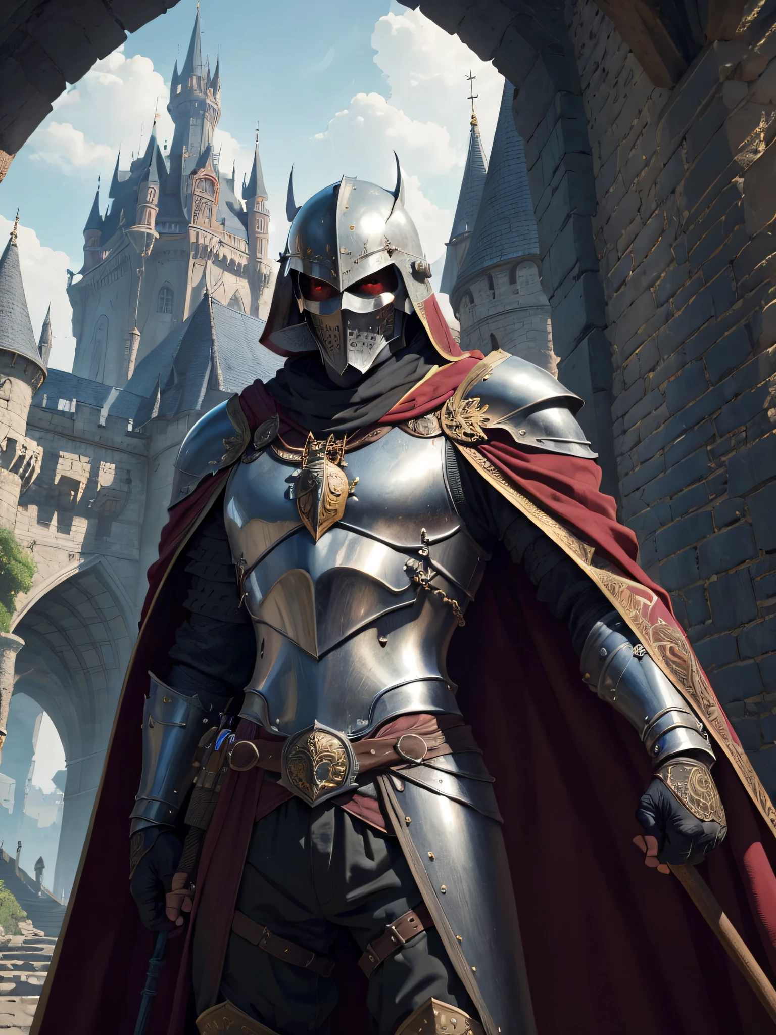 (Masterpiece, Best Quality, High Quality, Highres:1.4), Detailed, Extremely Detailed, 4K, Detailed Face, (Hyper-Detailed Eyes:1.2), cinematic, dynamic lighting, A knight in full gold armor, red eyes, with intricate designs and decorations, standing in a castle courtyard. The castle is grand and imposing, with a moat and a drawbridge. The skull helmet covers the entire face, and the knight is wearing a fur cape.