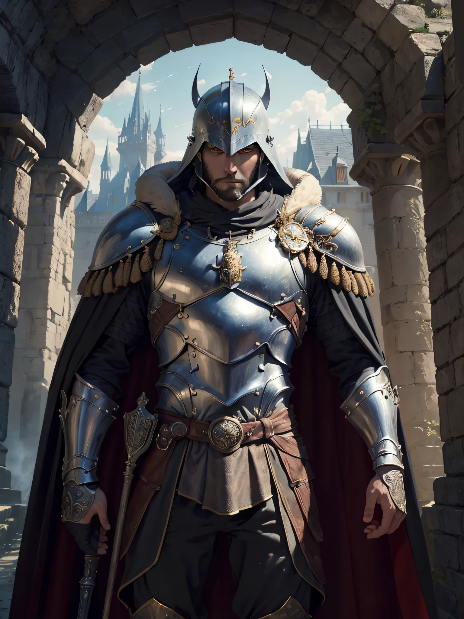 (Masterpiece, Best Quality, High Quality, Highres:1.4), Detailed, Extremely Detailed, 4K, Detailed Face, (Hyper-Detailed Eyes:1.2), cinematic, dynamic lighting, A knight in full gold armor, red eyes, with intricate designs and decorations, standing in a castle courtyard. The castle is grand and imposing, with a moat and a drawbridge. The skull helmet covers the entire face, and the knight is wearing a fur cape.