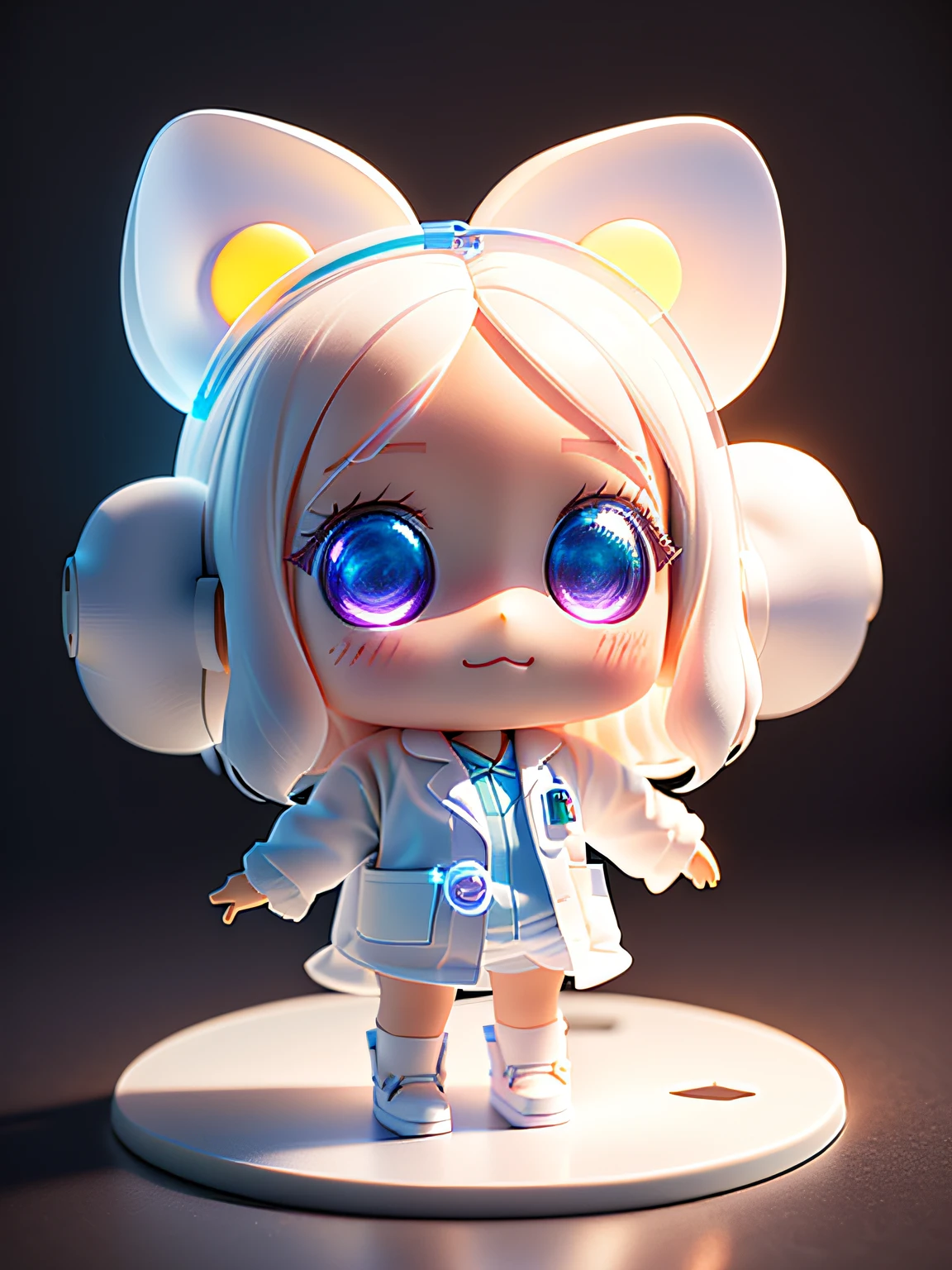 Super cute girl full body 3D drawing, 1 pcs, good looking eyes, big eyes, cute, happy, c4d, pop matt blind box, white long hair, glowing bubbles, toys, solid color background, chibi, fluorescent translucency, luminous body, kawaii, doll, ((((scientist, white lab coat)))), reference table, pop mart blind box, Pixar, complex details, 3d rendering, blender, OC renderer, fol body reference sheet, Dribble, High Details, 8K, Studio Lighting, Loli, Petite, Child, Chibi, SD characters: 1.1, Magic Ruins background