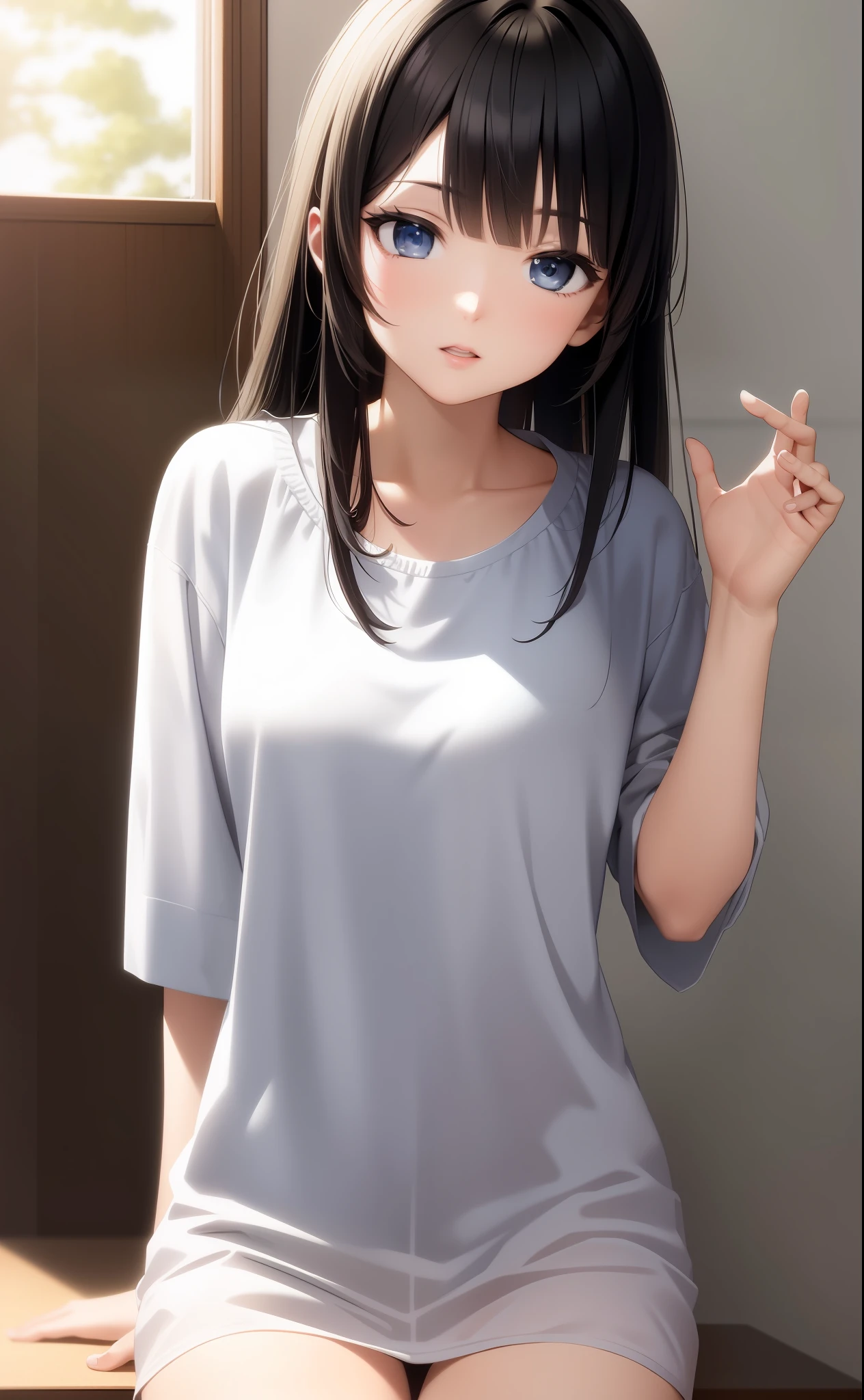 4K, masterpiece, best quality, anime, illustration, black hair straight, 1girl, watching viewer, big, high school student, white clothes, three-dimensional