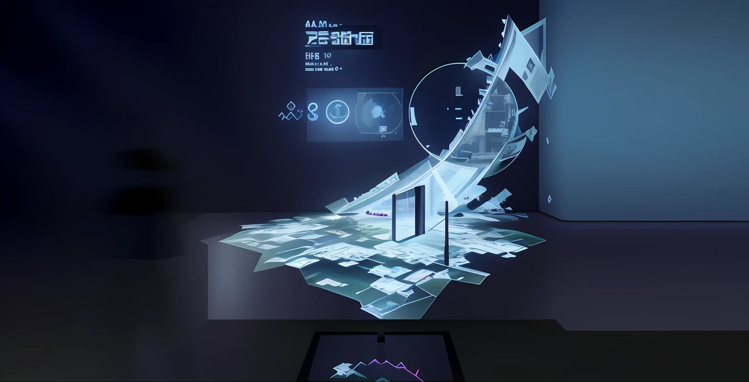 there is a display of a map with a clock on it, photograph of 3d ios room, holographic interface, holographic projection, virtual installation, detailed photo of virtual world, digital screens on the walls, interactive art, virtual metaverse room, projection mapping, 3 6 0 projection, japan. volumetric lighting, projection design installation, digital walls
