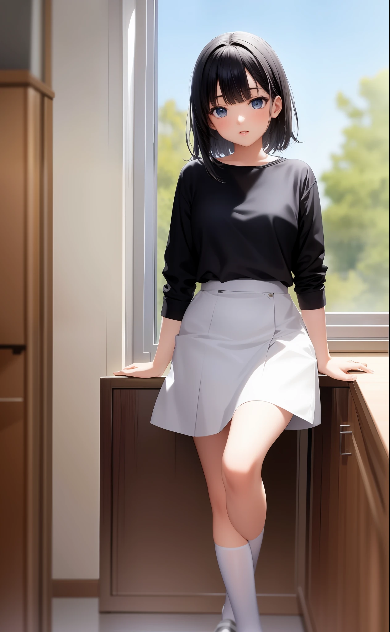 4K, masterpiece, best quality, anime, illustration, black hair straight, 1girl, watching viewer, big, high school student, white clothes, three-dimensional