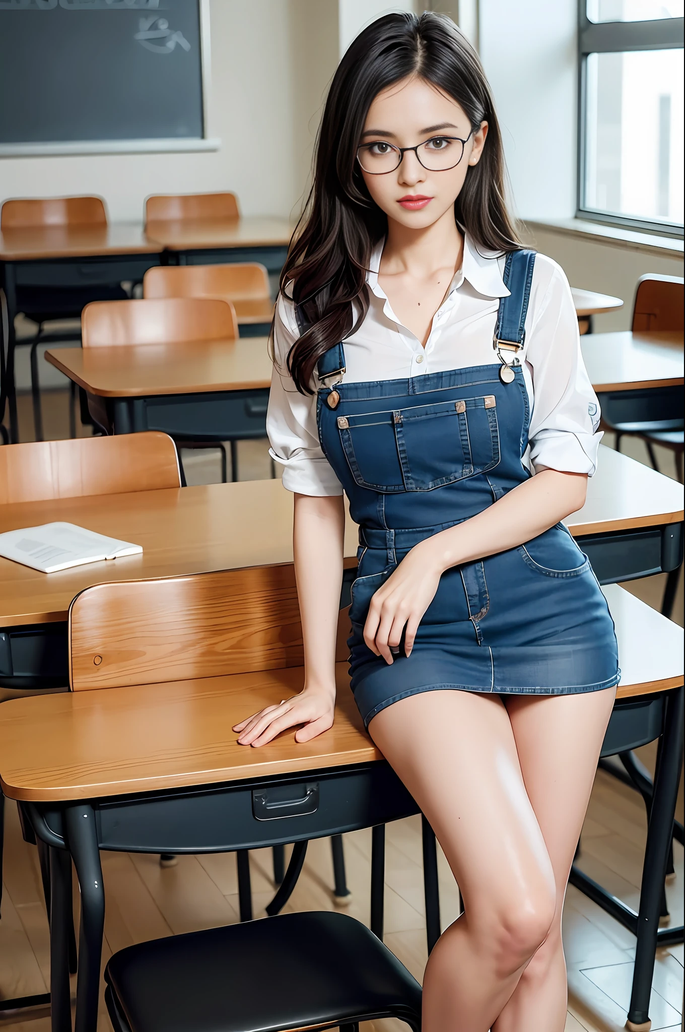 (8k, best quality, masterpiece: 1, 2), (realistic, realistic: 1, 37), top quality, masterpiece, a beautiful woman, sexy teacher, sexy female teacher, tight sexy overalls, short skirt, round chest, glasses, naughty look, background in teaching classroom, stacked chairs and study table standing, lectern