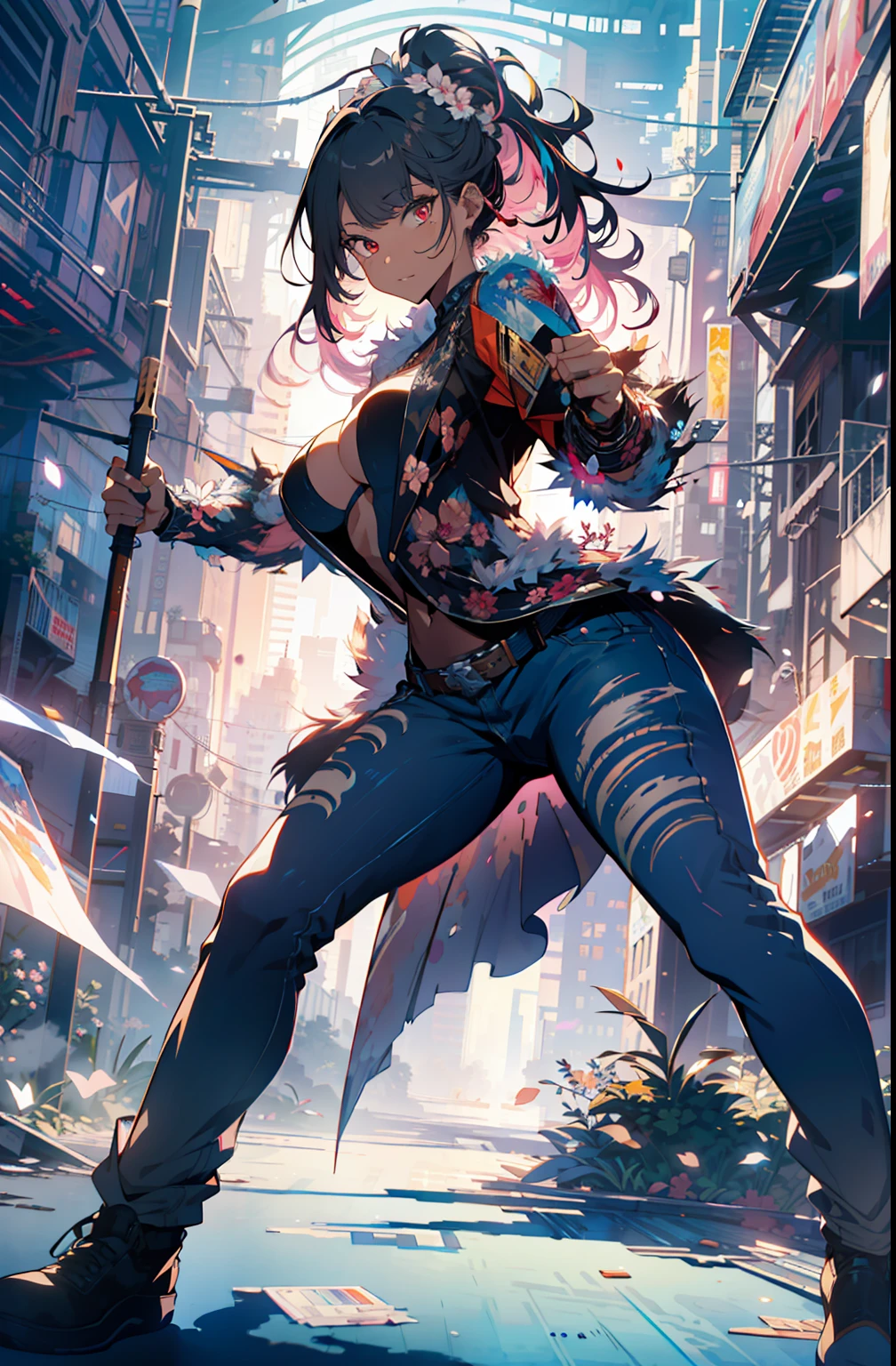 :: comix style by Serg Acuna:: beautiful, perfect and detailed, ultra detailed pink and black with white flower details super detailed, with dragon print on the sides of the dress, in various full-body attack poses and with immersive effects, hover effect, graphite style background with vibrant colors "ultra HDR" detailed and with focus effect, (masterpiece: 1.2, best quality), (finely detailed beautiful eyes: 1.2), ((1Girl Kelly Brook Beautiful Woman )),long, straight black hair, with a natural sheen and fastened like a ponytail ((Solo)), (Red eyes:1.4), (Finely detailed eyes and detailed face:1.3),), (With ULTRA DETAILED jeans and a white shirt with ultra detailed tatoom print throughout:1.3), (Beautiful and clear background:1.2), (Extremely detailed CG, Ultra-detailed, Best Shadow:1.1),("" character demonstrating his super power in the fist"")((Depth of field and blur)), ((Watercolor)), Large breasts, Bare shoulders, Flowers and petals, Beautiful conceptual illustration , (white background:0.5), (Illustration :1.1), (extremely thin and beautiful: 1.1), (perfect details: 1.1) graffiti style background, freedom, soul, digital illustration, perfect anatomy, centered, approaching perfection, dynamic, highly detailed, watercolor painting, artstation, conceptual art, smooth, sharp focus, illustration, art by meat Griffiths and Wadim Kashin, heterochromia, perfect anatomy, centered, approaching perfection, dynamic, highly detailed, character sheet, artstation, conceptual art, smooth, sharp focus, illustration, art by Kim Jung Gi,, Artgerm, Carne Griffiths and Wadim Kashin , Sasha Yakovleva, Loish, Jeremy Mann, Full Body Shot, Character Sheet, Lightning Wave, Beautiful Anime Watercolor Painting, Paint Dripping by Tim Okamura, Victor NizoVTSEV, Greg Rutkowski, Noah Bradley. Trend in Artstation, 8K, masterpiece, graffiti paint, fine detail, full of color, intricate detail, golden aspect ratio illustration, monochrome backgroun -