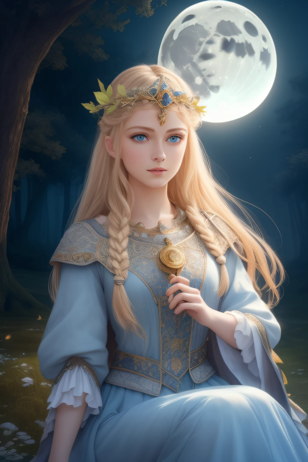 (Absurdres, Intricate Details, Masterpiece, Best Quality, High Resolution, 8k), 1 beautiful princess, young, (((finely detailed eyes and face, delicate perfect face,))) blue eyes, long blond hair, portrait, looking away from viewer, solo, full body, barefoot, detailed background, (RootsBranchesAI theme:1.1), high fantasy, casting elemental spell, floating in air, floating leaves, moon, eclipse, mana, bright realistic lighting, medieval cenario in background, magical atmosphere, VFX.