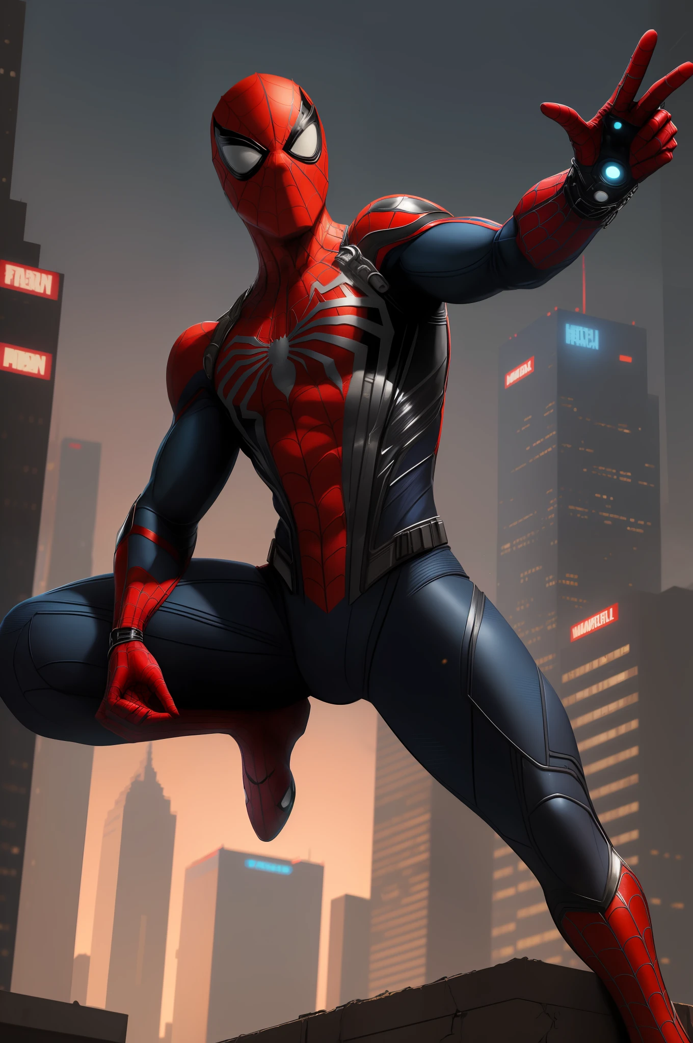 (Template: Best quality, Ultra realistic, 16k, masterpiece),(medium shot of Spider-Man wearing intricate cybernetic outfit, Fighting in dynamic angle, Marvel superhero, Cyberpunk cityscape, Clear sky)