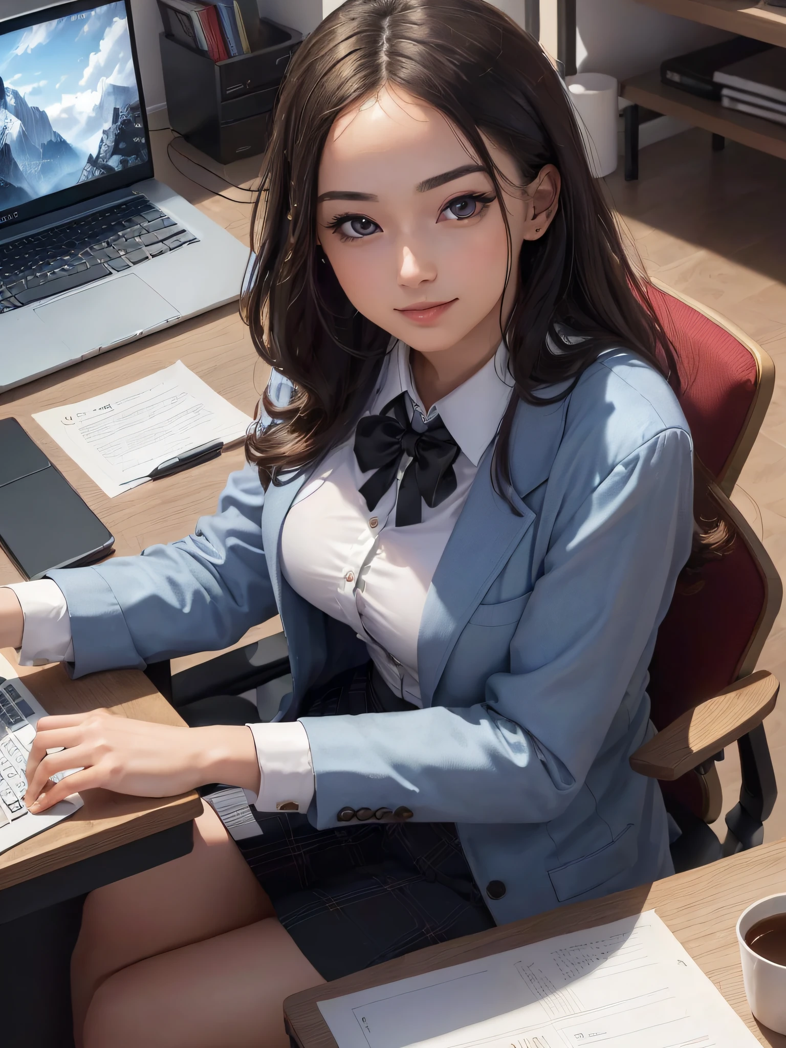 (Masterpiece, Best Quality, High Quality, Highres:1.4), Detailed, Extremely Detailed, 4K, Detailed Face, (Hyper-Detailed Eyes:1.2), beautiful lighting, Secretary at office, happy vibes, beautiful, sitting on desk, laptop, nice office.