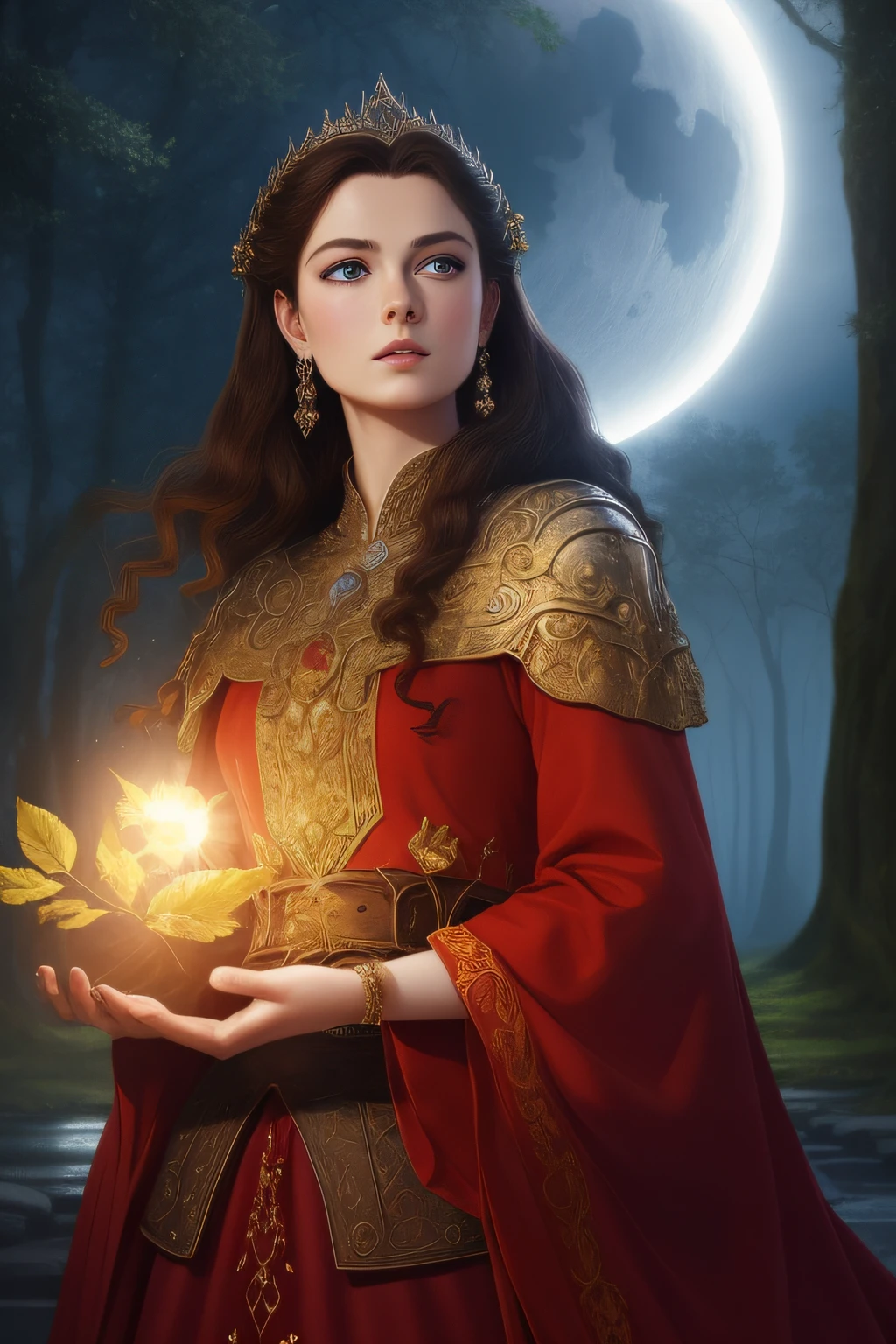 (Absurdres, Intricate Details, Masterpiece, Best Quality, High Resolution, 8k), 1 beautiful princess, red clothes, young, (((finely detailed eyes and face, delicate perfect face,))) blue eyes, long black hair, portrait, looking away from viewer, solo, full body, ingrid bergman, barefoot, detailed background, (RootsBranchesAI theme:1.1), high fantasy, casting elemental spell, floating in air, floating leaves, eclipse, mana, daylihgt, bright realistic lighting, medieval cenario in background, magical atmosphere, VFX.