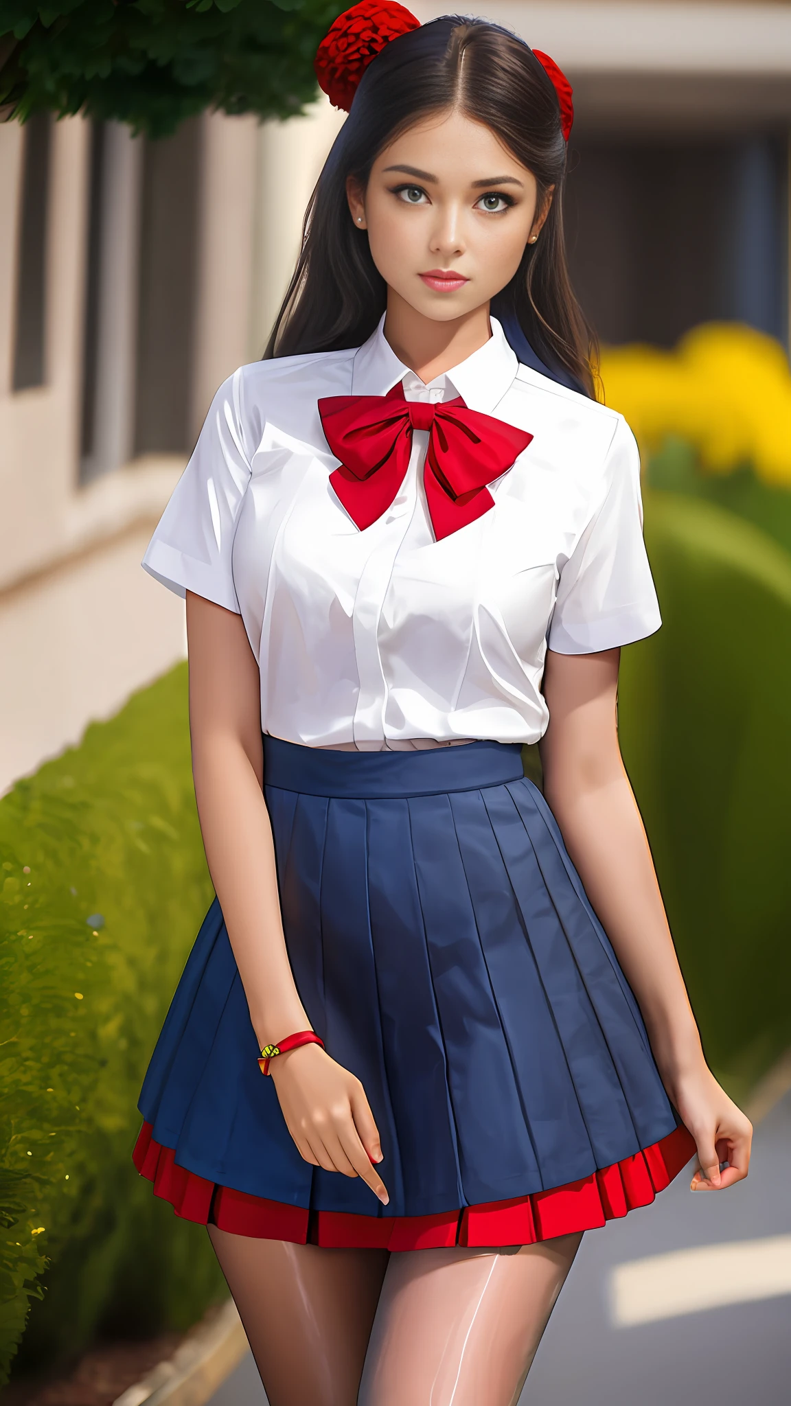 Full body photo, 8K, real, open clothes, masterpiece, best quality, high resolution, UI2, 1 girl, solo, green eyes, solo, red skirt, white shirt, low double tail, show legs, pompom \(dress\), collared shirt, blue bow, pleated skirt, school uniform, short sleeves, wariza,