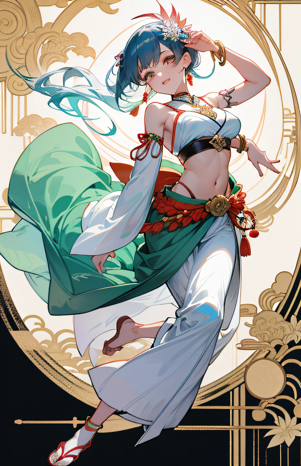 Ancient Japan mythological beauty of dance poses, Amanoi wat mythology, sheer kimono on white, flowing tulle, pearl hair ornament, jade bracelet, jade necklace, tattoo, shiny skin, Japan kimono, transparent and long colorful ubert on arms, breast, navel, shoulder, neck, arm ring ribbon, wreath, bracelet, anklet, pyroxene chain tassel around the waist, dedicated to God, striptease, ink wash, popular CGSTATION, masterpiece, recent quality, high resolution detail, 32K