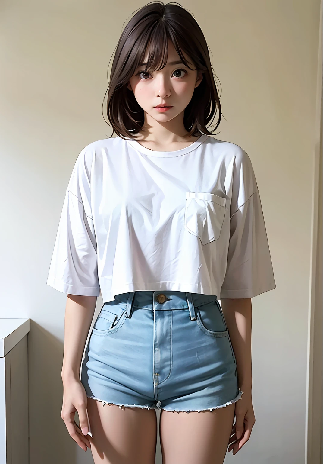 there is a young girl standing in a room with a wii controller, a picture by Ayami Kojima, tumblr, happening, dressed in a white t shirt, wearing a t-shirt, dressed in a white t-shirt, white tshirt, tight shirt, wearing white shirt, white clothes, short sleeves, in white clothes, white t-shirt, with two front pockets