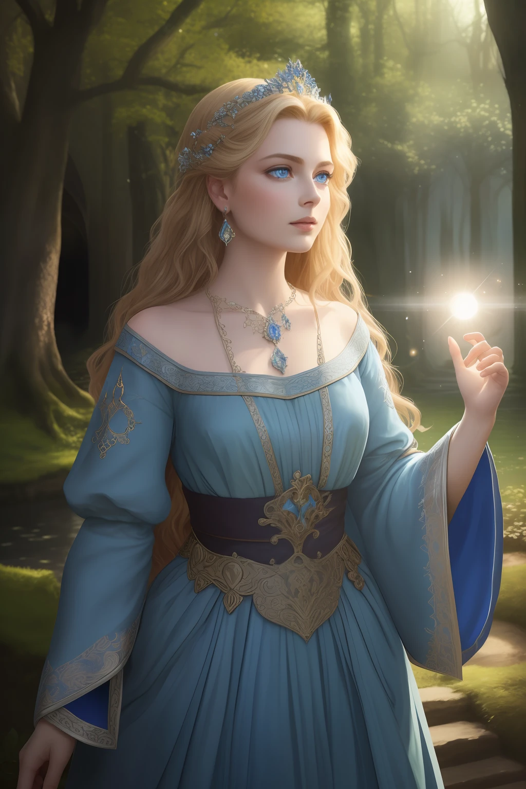 (Absurdres, Intricate Details, Masterpiece, Best Quality, High Resolution, 8k), 1 beautiful princess, blue clothes, young, (((finely detailed eyes and face, delicate perfect face,))) blue eyes, long blond hair, portrait, looking away from viewer, solo, full body, ingrid bergman, barefoot, detailed background, (RootsBranchesAI theme:1.1), high fantasy, casting elemental spell, floating in air, floating leaves, eclipse, mana, bright realistic lighting, medieval cenario in background, magical atmosphere, VFX.