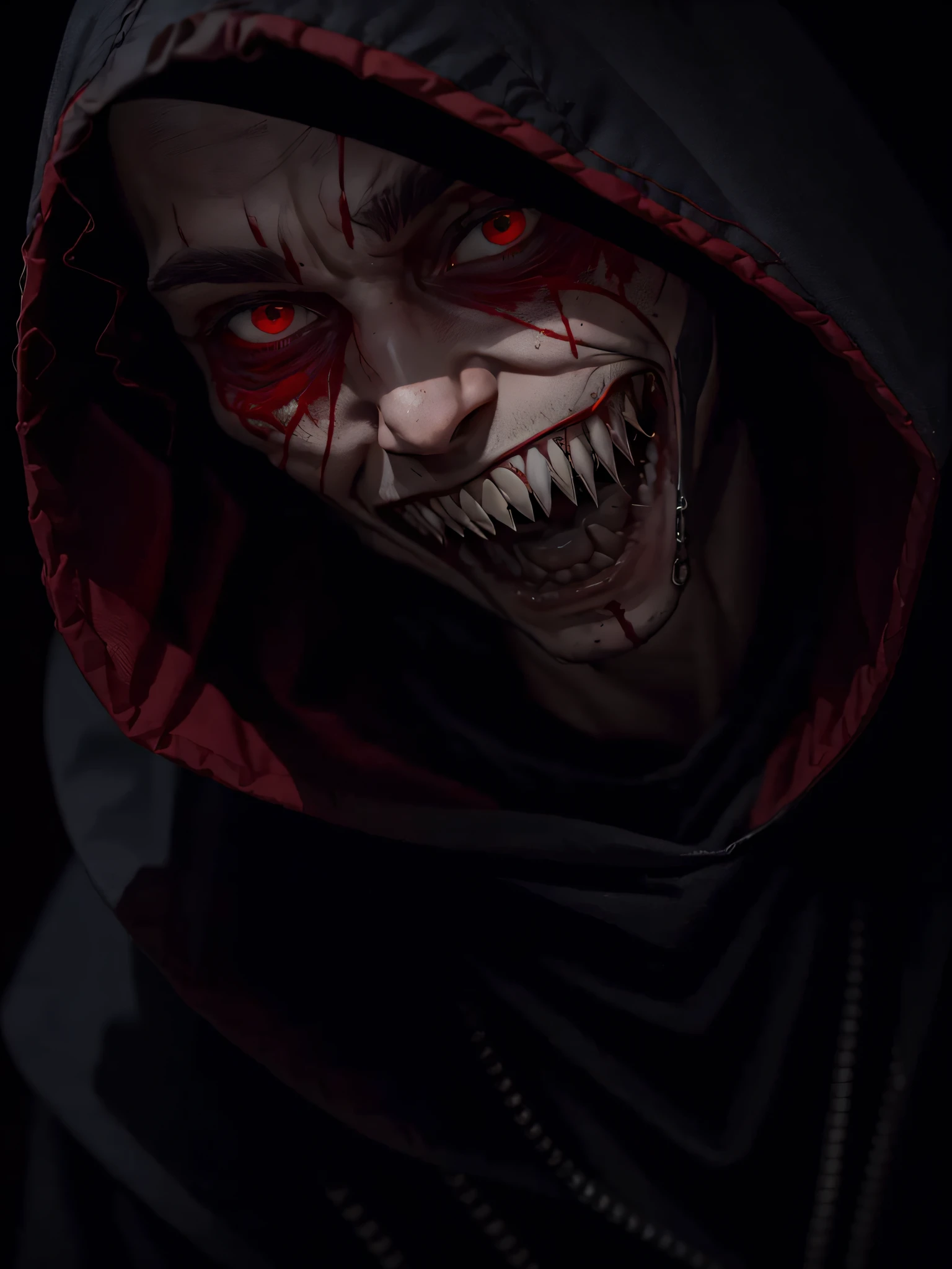 (8k, RAW photo, best quality, masterpiece:1.2), solo, hood, 1boy, male focus, teeth, dark, hood up, black background, horror \(theme\), faceless, red theme, sharp teeth