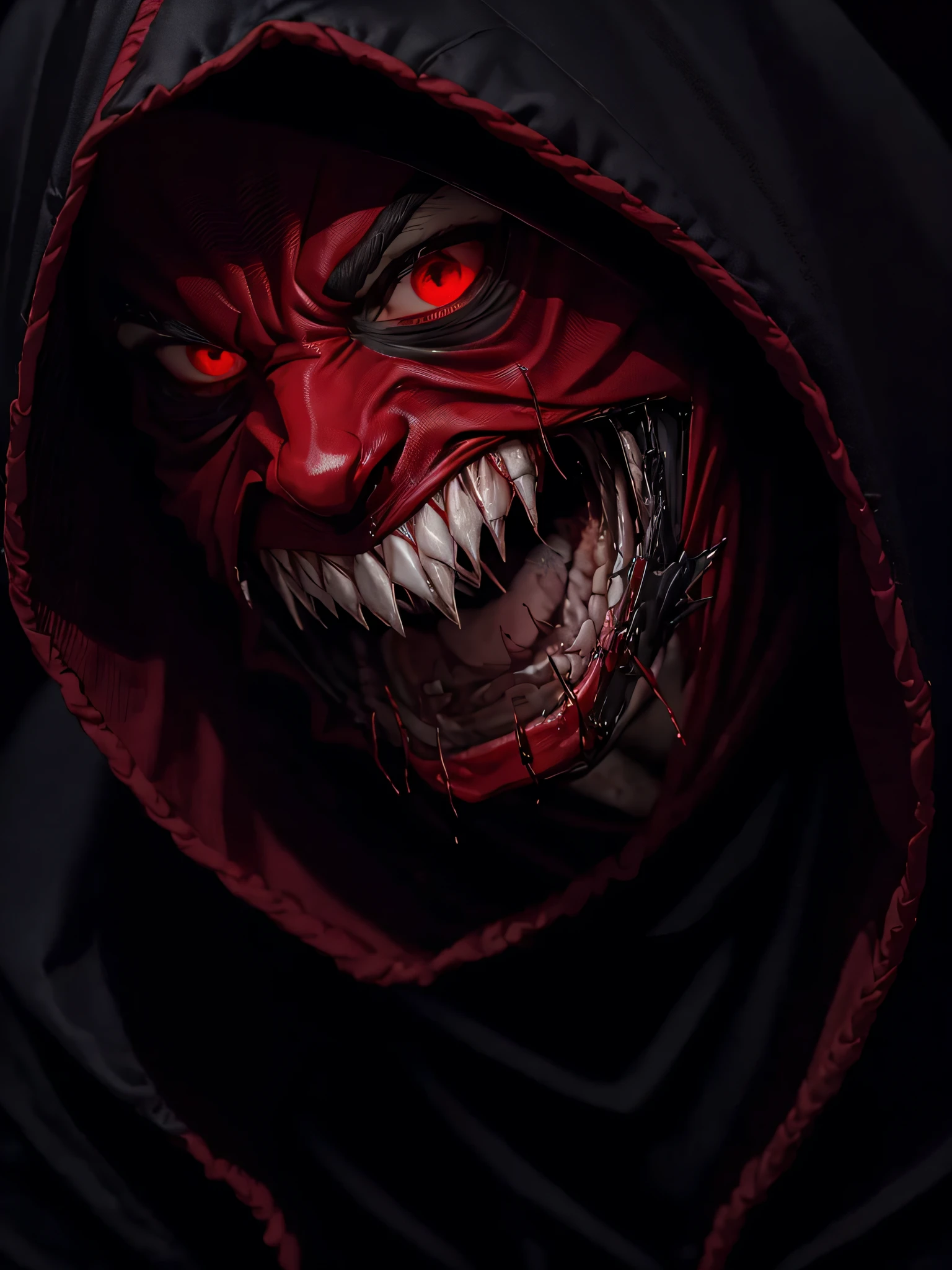 (8k, RAW photo, best quality, masterpiece:1.2), solo, hood, 1boy, male focus, teeth, dark, hood up, black background, horror \(theme\), faceless, red theme, sharp teeth