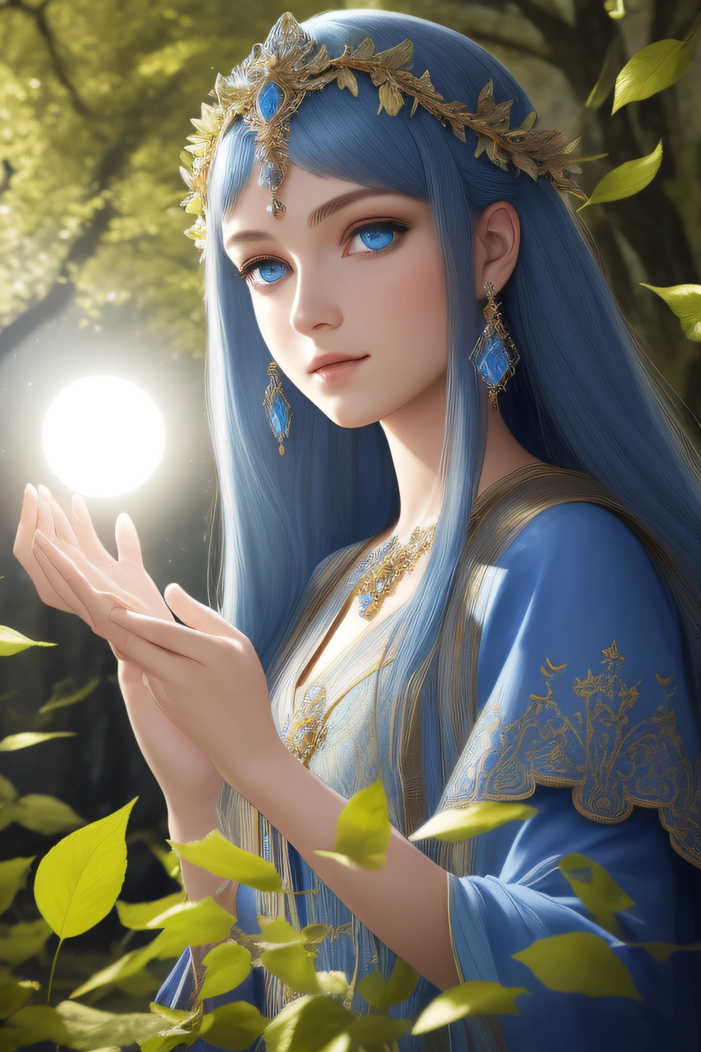 (Absurdres, Intricate Details, Masterpiece, Best Quality, High Resolution, 8k), 1 beautiful princess, blue clothes, young, (((finely detailed eyes and face, delicate perfect face,))) blue eyes, long blond hair, portrait, looking away from viewer, solo, full body, barefoot, detailed background, (RootsBranchesAI theme:1.1), high fantasy, casting elemental spell, floating in air, floating leaves, eclipse, mana, bright realistic lighting, medieval cenario in background, magical atmosphere, VFX.