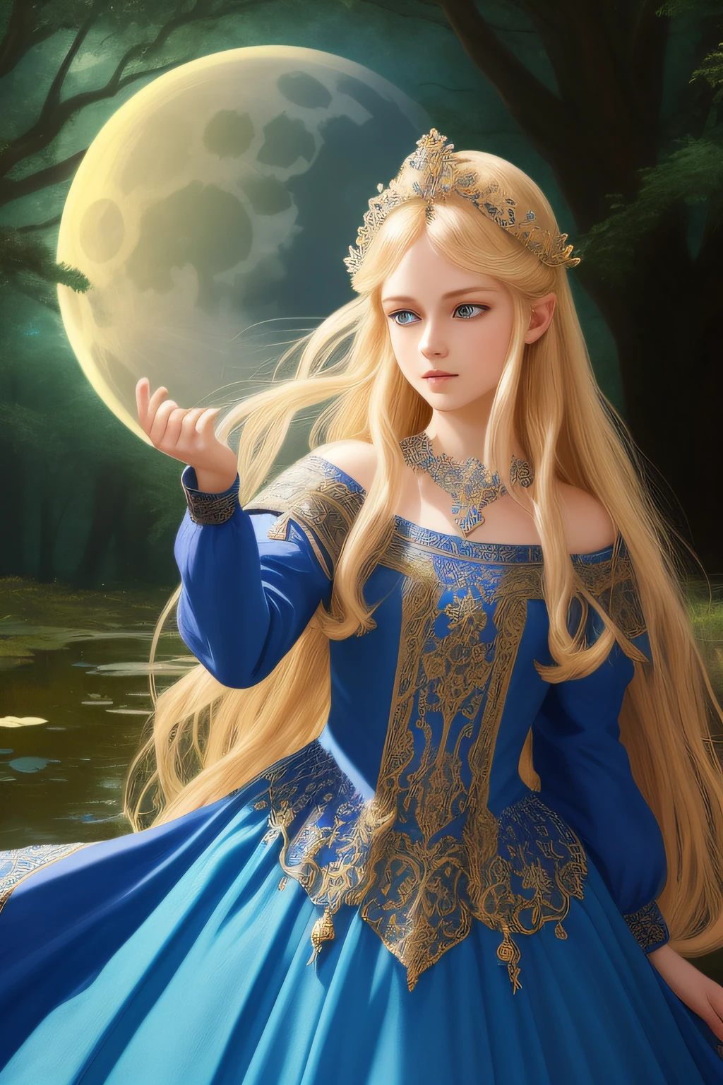 (Absurdres, Intricate Details, Masterpiece, Best Quality, High Resolution, 8k), 1 beautiful princess, blue clothes, young, (((finely detailed eyes and face, delicate perfect face,))) blue eyes, long blond hair, portrait, looking away from viewer, solo, full body, barefoot, detailed background, (RootsBranchesAI theme:1.1), high fantasy, casting elemental spell, floating in air, floating leaves, eclipse, mana, bright realistic lighting, medieval cenario in background, magical atmosphere, VFX.