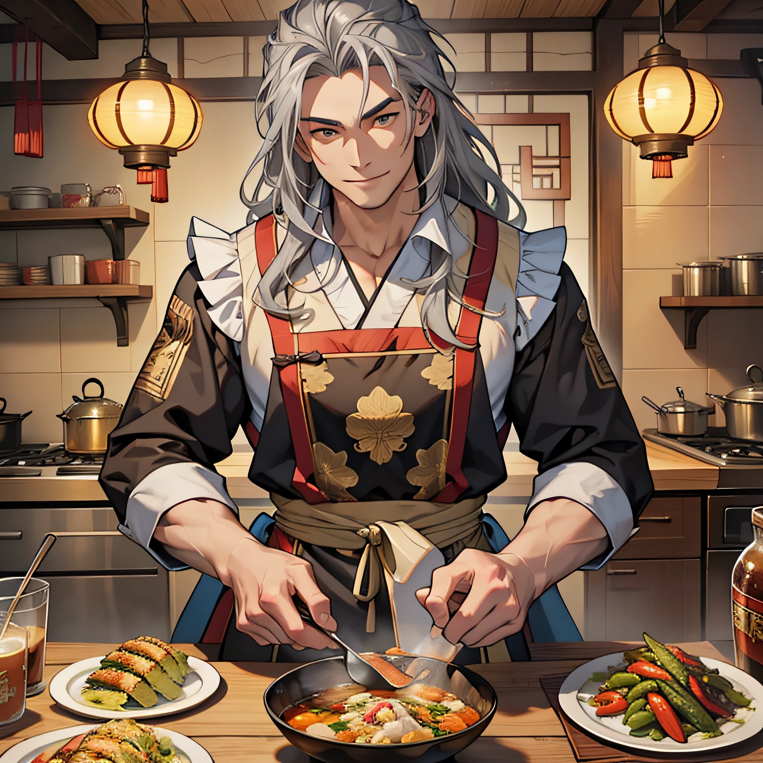 best quality, best quality, best quality, super detail, high quality, masterpiece, 8k, 1 male, hansome, Mature, Tall, muscle, Gray Hair, long hair, Bundle head, bangs, Asian male, Golden eyes, A confident smile, Delicate facial features, Chinese style, Tang dynasty costumes, apron, Delicate pattern on apron, Ancient kitchen, indoors, Light at 10 o'clock, Look at the viewer, table, Many foods are on the table, Excellent food, Show action,