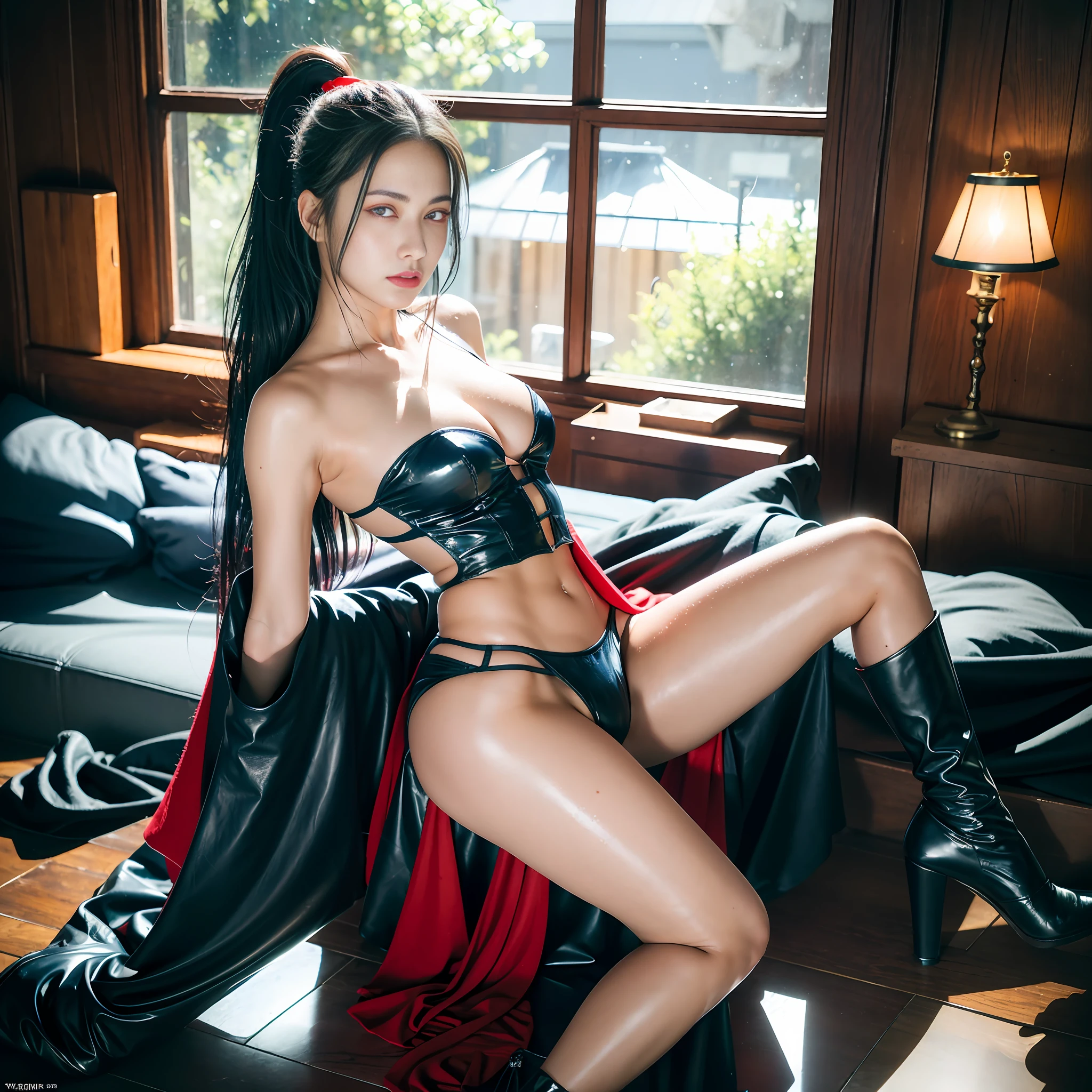 ulzzang-6500-v1.1, (raw photo:1.2), (photorealistic:1.4), best quality, {{masterpiece}}, {highres}, Perfect waist cut, Large breasts, Warrior girl with a small short sword on hand, Skimpy organza transparent clothes, organza elements on clothes, net clothes, leather glossy elements on clothes, dark blue hair with red highlights, (perfect nose), Seductive gaze, dark blue knee high boots on high heels with red highlights, (Best Illustration), 8k Resolution, Intricate Details, Best Quality, Realistic, Ultra Detailed, Best Lighting, Best Shadows, Ultra HD, A Necromancer style, Night, Magic, Dark Style, Vampire, (shining red eyes:1.6), masterpiece, high_res, Beautiful face, tyndall effect, (photo realistic: 1.4), (high detailed skin:1.4), 8k uhd, dslr, high quality, Photograph, high resolution, 4k, 8k, Bokeh, absurdres, ponytail contorted, best ratio four finger and one thumb, front view, dark blue hair gorgeous, perfect proportional skinny fitness body, full body view, shiny skin, wet skin, wet clothes, dark cathedral baground scenery, huge bobs, belly muscle, long fit perfect legs, fishnet dark red Stockings, realistic reflection in the water ((no panties)), ((dynamic pose))), (camel toe)