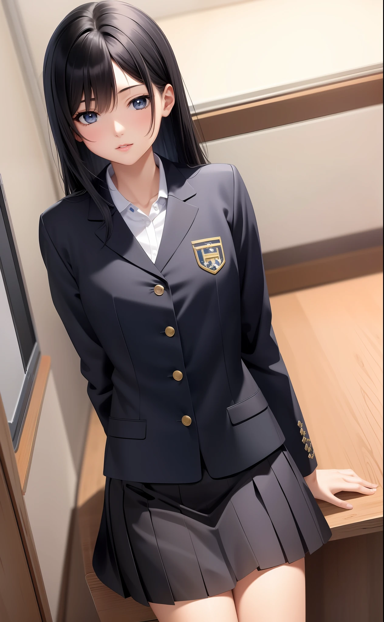 4K, masterpiece, best quality, anime, illustration, black hair straight, 1girl, watch viewer, big, high school student, uniform, three-dimensional