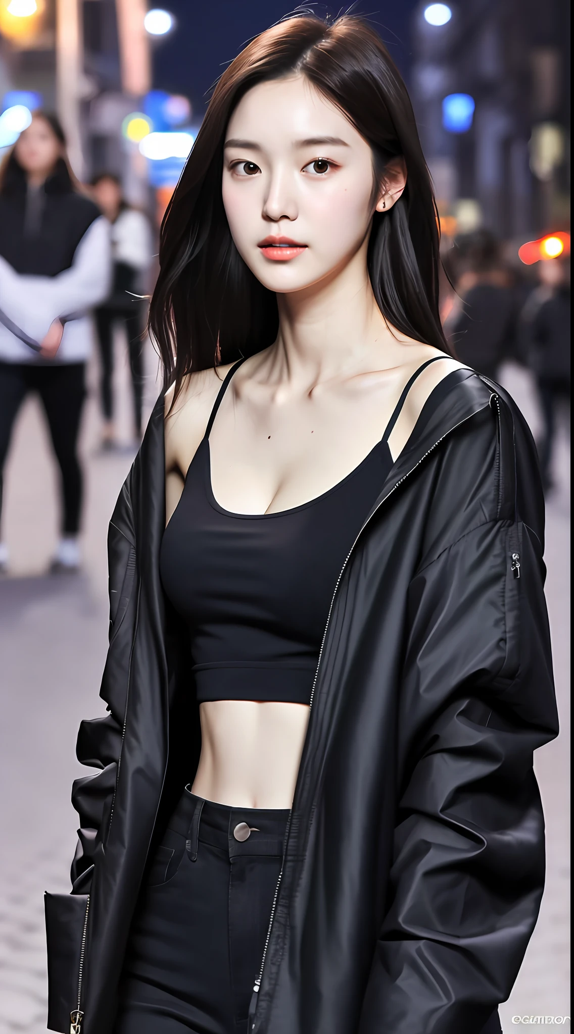 realistic photos of (1 cute Korean star) Shoulder-length hair, thin makeup, big breasts size, slender abs, wearing half black jacket with tight black tank top, on street, night, full body picture, clear facial features of Canon EOS, 8K high resolution, sharp and realistic details.