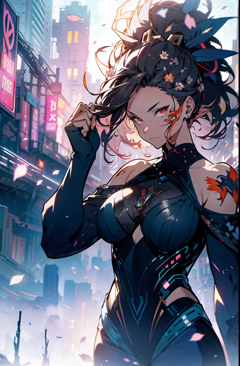:: Comix Style by Joe Madureira :: Beautiful, perfect and detailed, ultra detailed pink and black with super detailed white flower details, with dragon print on the sides of the dress, in various full-body attack poses and with immersive effects, hover effect, graphite style background with vibrant colors "HDR Ultra" detailed and with focus effect, (masterpiece: 1.2, best quality), (finely detailed beautiful eyes: 1.2), ((Beautiful Woman )),long, straight black hair,with a natural sheen and stuck like a ponytail ((Solo)), (Red eyes:1.4), (Finely detailed eyes and detailed face:1.3),), (With ultra detailed jeans and a white shirt with full ultra detailed tatoom print:1.3), (Beautiful and clear background:1.2), (Extremely detailed CG, Ultra-detailed, Best Shadow:1.1),("" character demonstrating his super power in the fist"")((Depth of field and blur)), ((Watercolor)), Large breasts, Bare shoulders, Flowers and petals, Beautiful conceptual illustration , (white background:0.5), (Illustration :1.1), (extremely thin and beautiful: 1.1), (perfect details: 1.1) graffiti style background, freedom, soul, digital illustration, perfect anatomy, centered, approaching perfection, dynamic, highly detailed, watercolor painting, artstation, concept art, smooth, sharp focus, illustration, art by flesh Griffiths and Wadim Kashin, heterochromia, perfect anatomy, centered, approaching perfection, dynamic, highly detailed, character sheet, artstation, concept art, smooth, sharp focus, illustration, art by Kim Jung Gi,, Artgerm, Carne Griffiths and Wadim Kashin, Sasha Yakovleva, Loish, Jeremy Mann, Full body shot, character sheet, lightning wave, beautiful anime watercolor painting, dripping paint by Tim Okamura, Victor NizoVtsev, Greg Rutkowski, Noah Bradley. Trend in Artstation, 8K, masterpiece, graffiti ink, fine detail, full of color, intricate detail, golden aspect ratio illustration, monochrome backgroun, best qu -