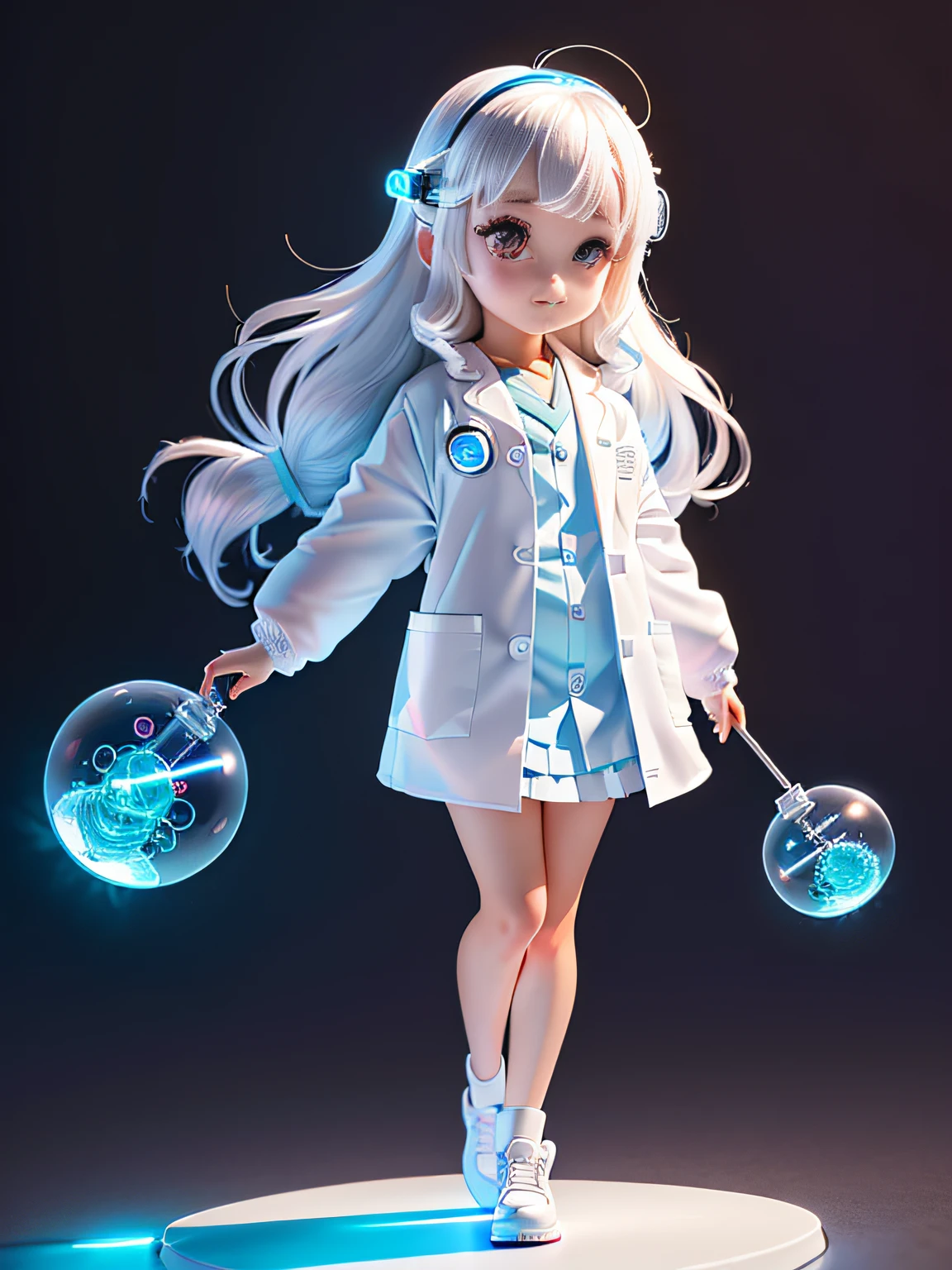 Official Art, Unified 8k Wallpaper, Super Detailed, Beautiful and Aesthetic, Masterpiece, Best Quality, Super Large Wallpaper, Big Scene, Super Cute Girl Full Body 3D Drawing, 1pcs, Good Looking, Big Eyes, Cute, Happy, C4D, Pop Matt Blind Box, White Long Hair, Glowing Bubbles, Toy, Solid Color Background, Chibi, Fluorescent Translucency, Emitter, Kawaii, Doll, ((((Scientist, White Lab Coat))), Reference Sheet, Pop Mart Blind Box, Pixar, Intricate Details, 3D Rendering , blender, OC renderer, fol body reference sheet, dribble, high details, 8k, studio lighting, li, pee, childbi, standard definition characters: 1.1, magic ruins background