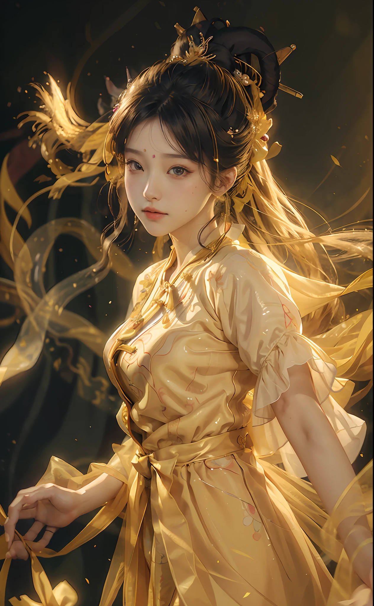 (raw photo, best quality), (realistic, photo realistic: 1. 3), yellow hanbok dress, exquisite headdress, hairpin, water sleeves, flying ribbons, delicate features, flying petals, 8k wallpaper, ink, amazing, movie lighting, lens_flare, dunhuang_style
