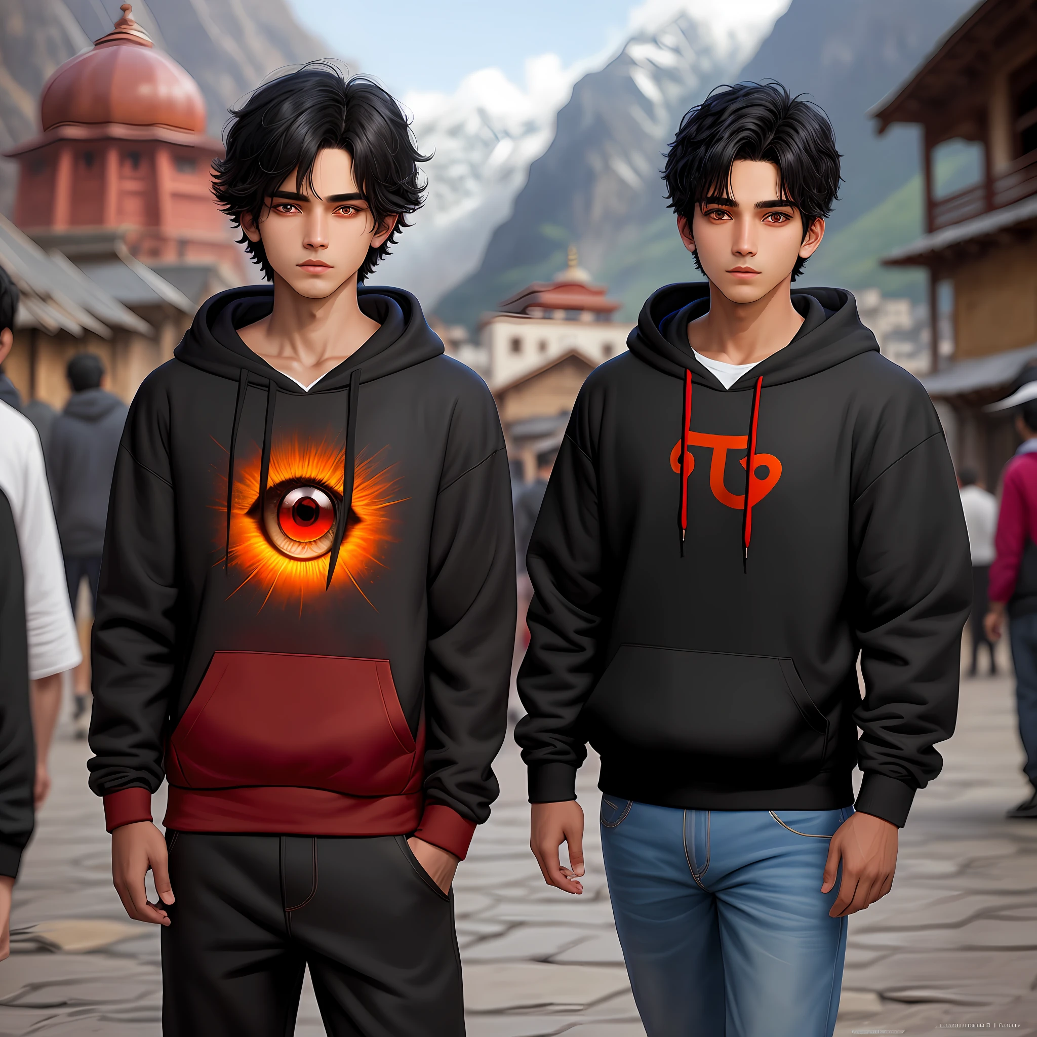 1 boy, handsome boy, black hair, comma hair, forehead comma hair, indian hair, street style, hoodie, kedarnath temple background, shiny, Red eyes, looking at viewer, upper body, fantasy world
,"A handsome boy with black hair, a distinctive comma hair and a indian style, wearing a street style hoodie, standing against a bright ledarnath temple background, his red eyes fixating on the viewer, all rendered with an Impressionistic touch that lends the image an added depth and zest (Impressionism: 1.4)."