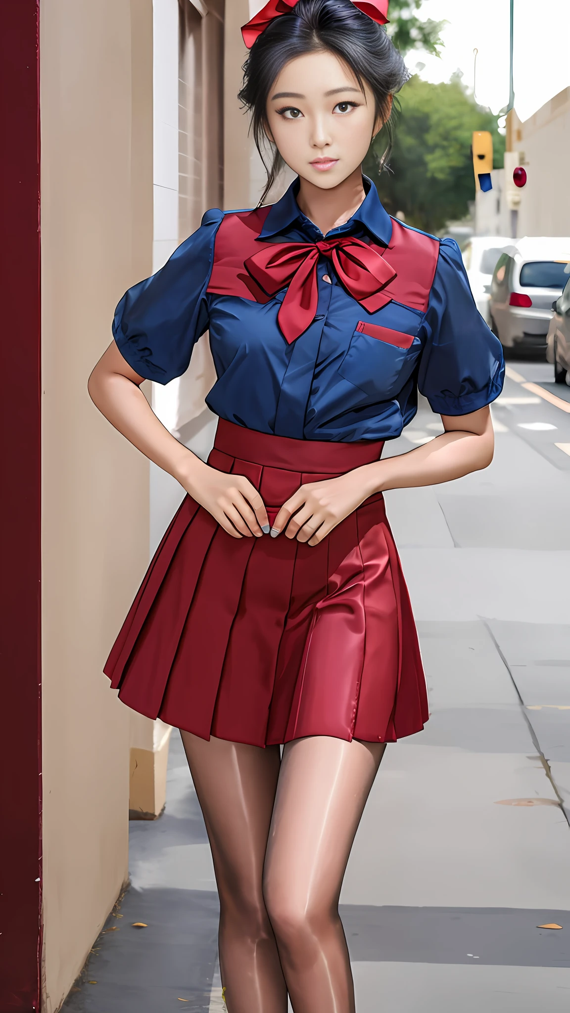 Full body photo, 8K, real, open clothes, masterpiece, best quality, high resolution, UI2, 1 girl, solo, green eyes, solo, red skirt, white shirt, low double tail, show legs, pompom \ (dress \), collared shirt, blue bow, pleated skirt, school uniform, short sleeves, wariza, take off clothes, take off skirt, hint at masturbation