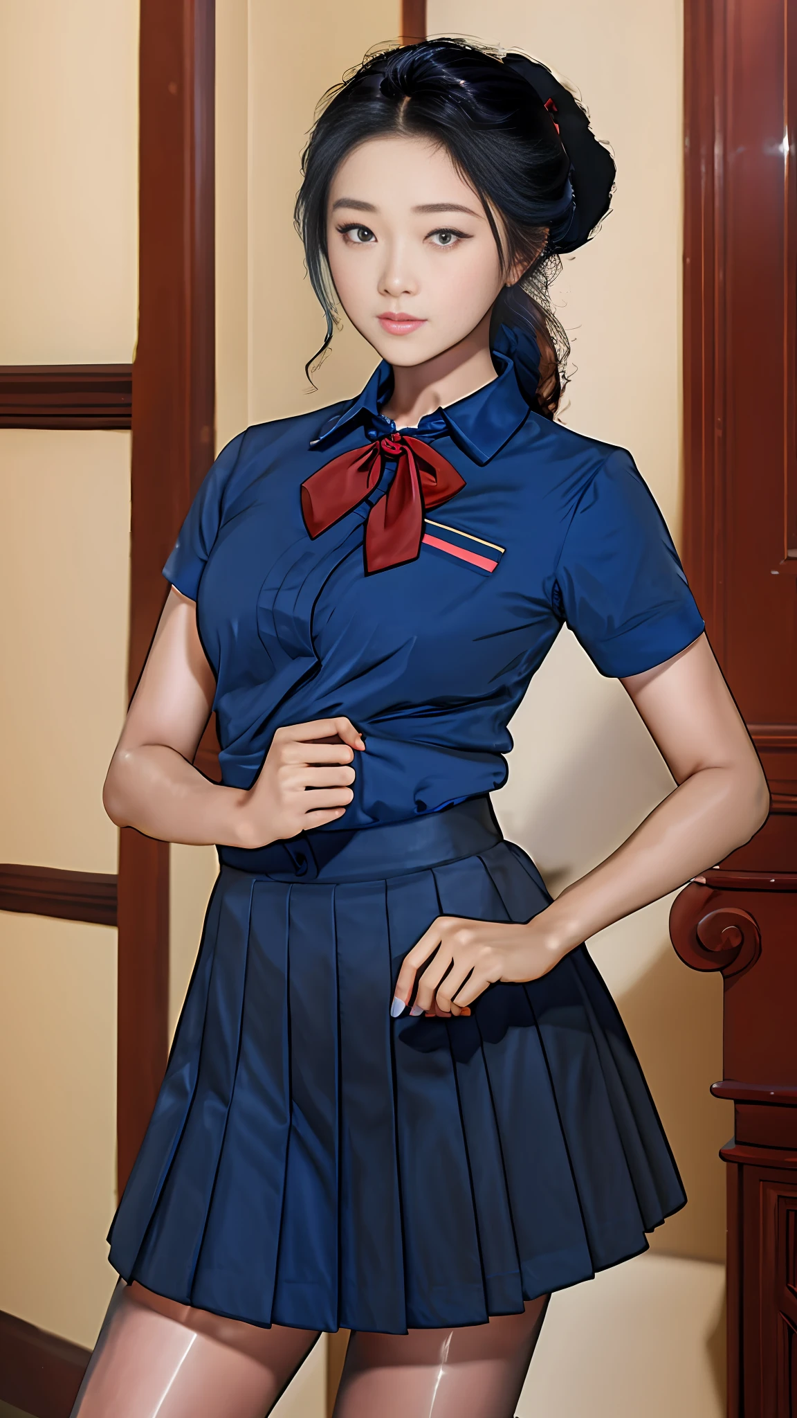 Full body photo, 8K, real, open clothes, masterpiece, best quality, high resolution, UI2, 1 girl, solo, green eyes, solo, red skirt, white shirt, low double tail, show legs, pompom \ (dress \), collared shirt, blue bow, pleated skirt, school uniform, short sleeves, wariza, take off clothes, take off skirt, hint at masturbation