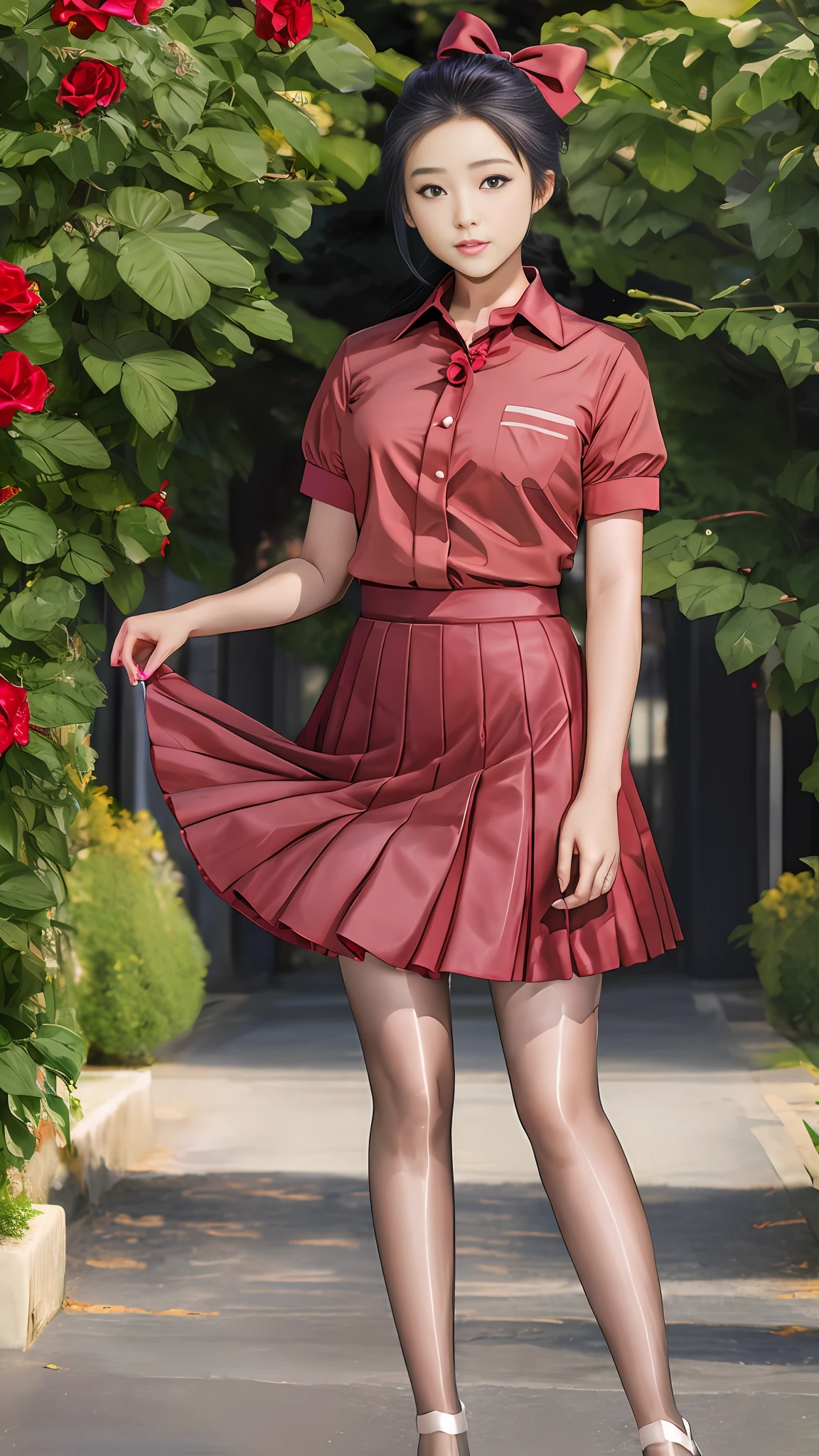 Full body photo, 8K, real, open clothes, masterpiece, best quality, high resolution, UI2, 1 girl, solo, green eyes, solo, red skirt, white shirt, low double tail, show legs, pompom \ (dress \), collared shirt, blue bow, pleated skirt, school uniform, short sleeves, wariza, take off clothes, take off skirt, hint at masturbation