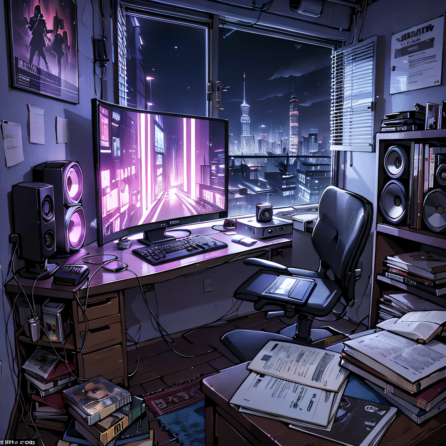 Describe the image of an underground artist's room, with a nightscape seen through the window. The scene shows several buildings illuminated by streetlights, evoking a pulsating and vibrant atmosphere. The corner of the room is occupied by a home studio equipped with MIDI keyboard, controls, headphones and microphone. The mixing board and computer display signs of wear and possible stickers from record labels and independent artists. The subtle haze of smoke fills the atmosphere, emanating from incense or an herbal cigarette. Near the window, an unmade bed suggests a nocturnal and creative lifestyle. The bookshelf on the wall is filled with vinyl records, CDs and books related to hip-hop, while posters of underground artists and flyers from local concerts adorn the walls. Next to the bed, a nightstand displays personal items such as a cap, sunglasses, a rhyme book and a notepad. The open window reveals the darkness of the night, with the soft light of streetlights illuminating the room. The digital clock on the nightstand clearly displays the time as 3:00 a.m., highlighting the passage of time and insomnia characteristic of artistic minds. The image captures the energy and underground aesthetic of the rap, trap and hip-hop music scene, with dark tones and elements related to urban culture conveying authenticity and creative inspiration. The scene incorporates both positive and negative elements, depicting the ambience of loneliness and creativity, reflecting the artist's struggle and dedication to his craft.