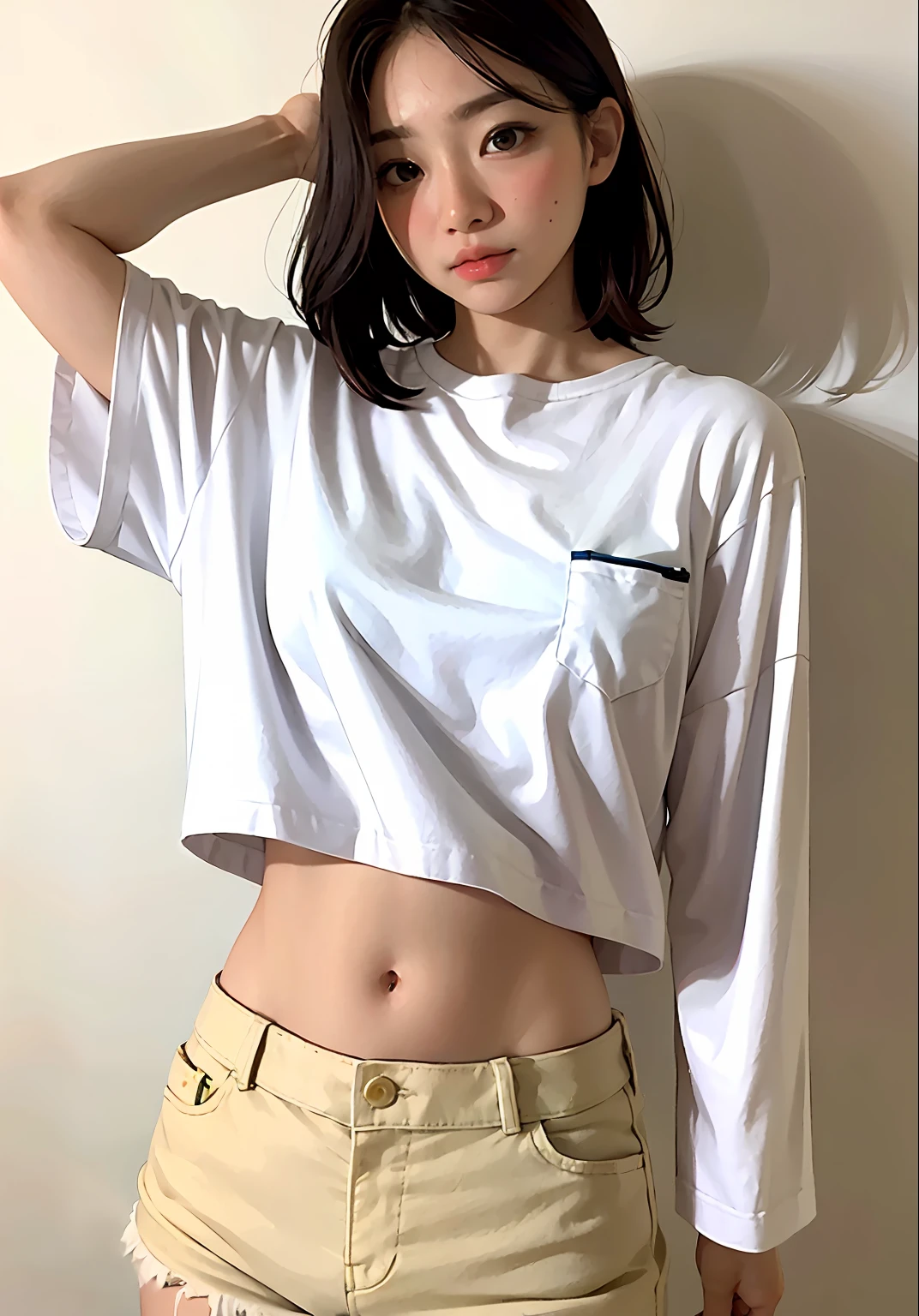 Wii controller, photo of Ayami Kojima, tumblr, happening, wearing white t-shirt, wearing t-shirt, wearing white t-shirt, white t-shirt, wearing tight shirt, white shirt, white clothes, short sleeves, wearing white clothes, white t-shirt, with two front pockets, wearing white t-shirt, wearing white t-shirt, with two front pockets, belly button, cute