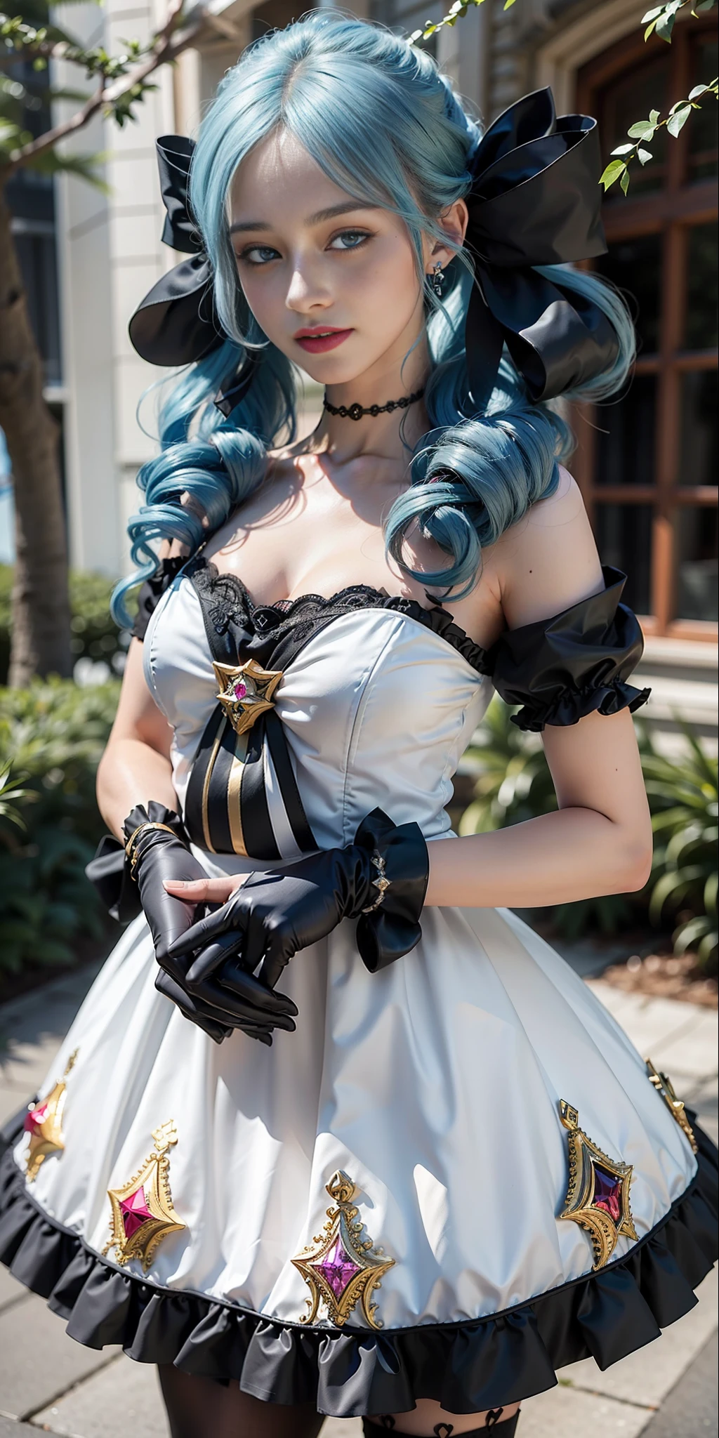 Best quality, masterpiece, ultra high res, (photorealistic:1.4), raw photo, 1girl, black bow, black gloves, black legwear, blue eyes, blue hair, bow, collarbone, dress, drill hair, frilled dress, frills, gloves, gwen \(league of legends\), hair ornament, highres, league of legends, long hair, parted lips, puffy sleeves, pink pupils, smile, solo, white dress, x, x hair ornament,