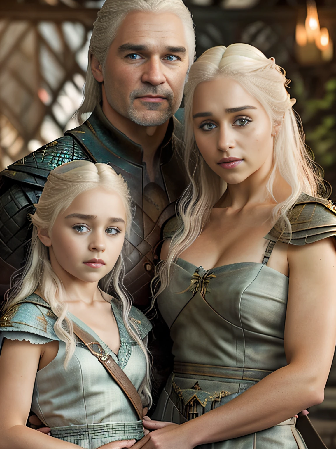 raw fullbody ((family photo of a father and mother with their daughter)), ((mother carrying daughter)), [1girl, daenerys targaryen, Emilia Clarke], (1man, Henry Cavill as Geralt de Rivia The Witcher), with their ((1girl, 5  daughter)))), medieval clothing,((half body shot)), realistic proportions, realistic pupils, ((3 member family portrait)) limited palette, highres, cinematic lighting, 8k resolution, front lit, sunrise, RAW photo, Nikon 85mm, Award Winning, Glamour Photograph, extremely detailed, beautiful Ukrainian, mind-bending, Noth-Yidik, raw fullbody photo of Daenerys Targaryen and Geralt de Rivia The Witcher with 5 year oldr, highly detailed, artstation, smooth, sharp focus, 8K,, trending on instagram, trending on tumblr, hdr 4k, 8k