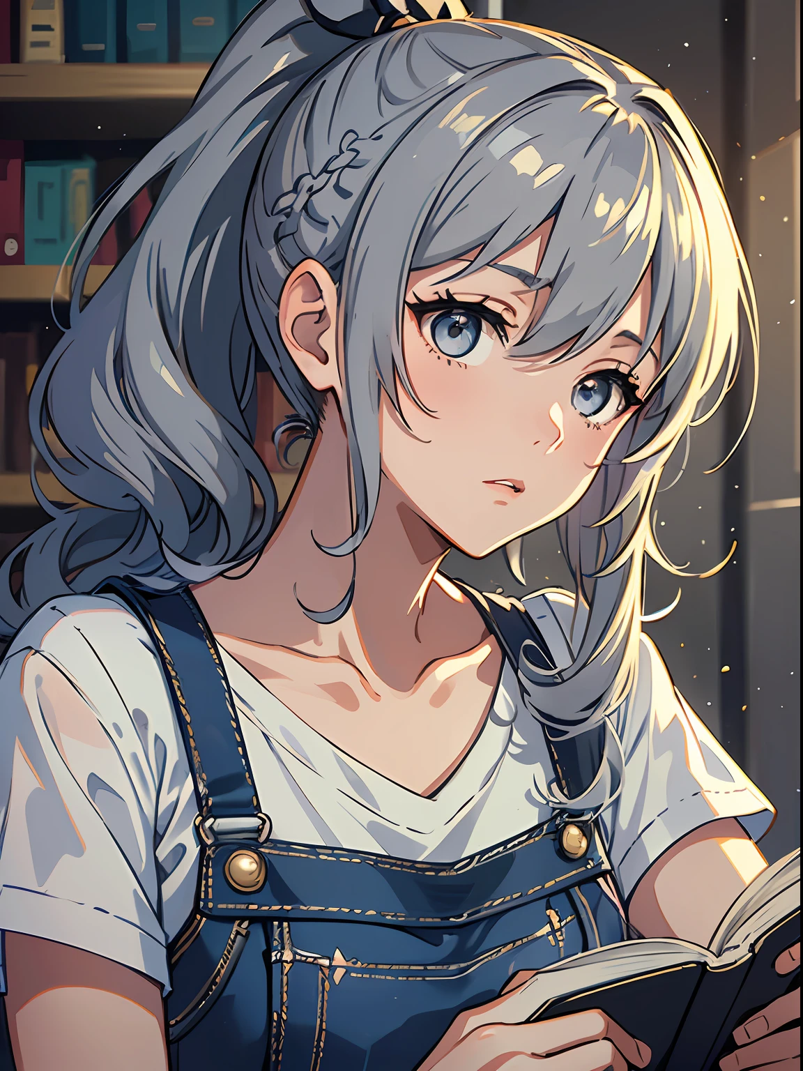 Exquisite masterpiece, best quality, illustration style, an anime girl with a curly ponytail, gray beautiful eyes, student dress, library, white short sleeves with jeans, reading, silhouette, small, heartwarming, youthful beauty, gray hair, presents a natural casual style. The dynamic posture contains the golden section, large aperture portrait, the picture is blank, the contrast between light and shadow is strong, the texture is super strong, the picture is super clear and concise, presenting extremely beautiful, elegant temperament, delicate facial expressions, dusk light and shadow, while bangs pinned two one-word clip hair cards