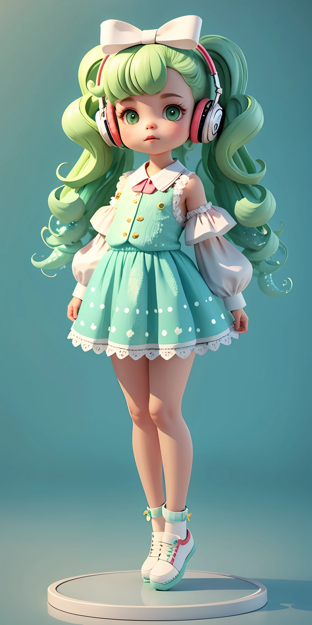 Cute little girl with big watery eyes, full body, delicate shoes, delicate hair, long curly hair,song suit, pompadour skirt, beautiful vest, lace shirt, Bubble sleeves, sequin, bow, plaid, green hair, Headphones, Long Hair, popmart blind box, clay texture, clean background, natural light, best quality, ultra detail, 3d art, c4d, blender, oc renderer, 3d render, 8k