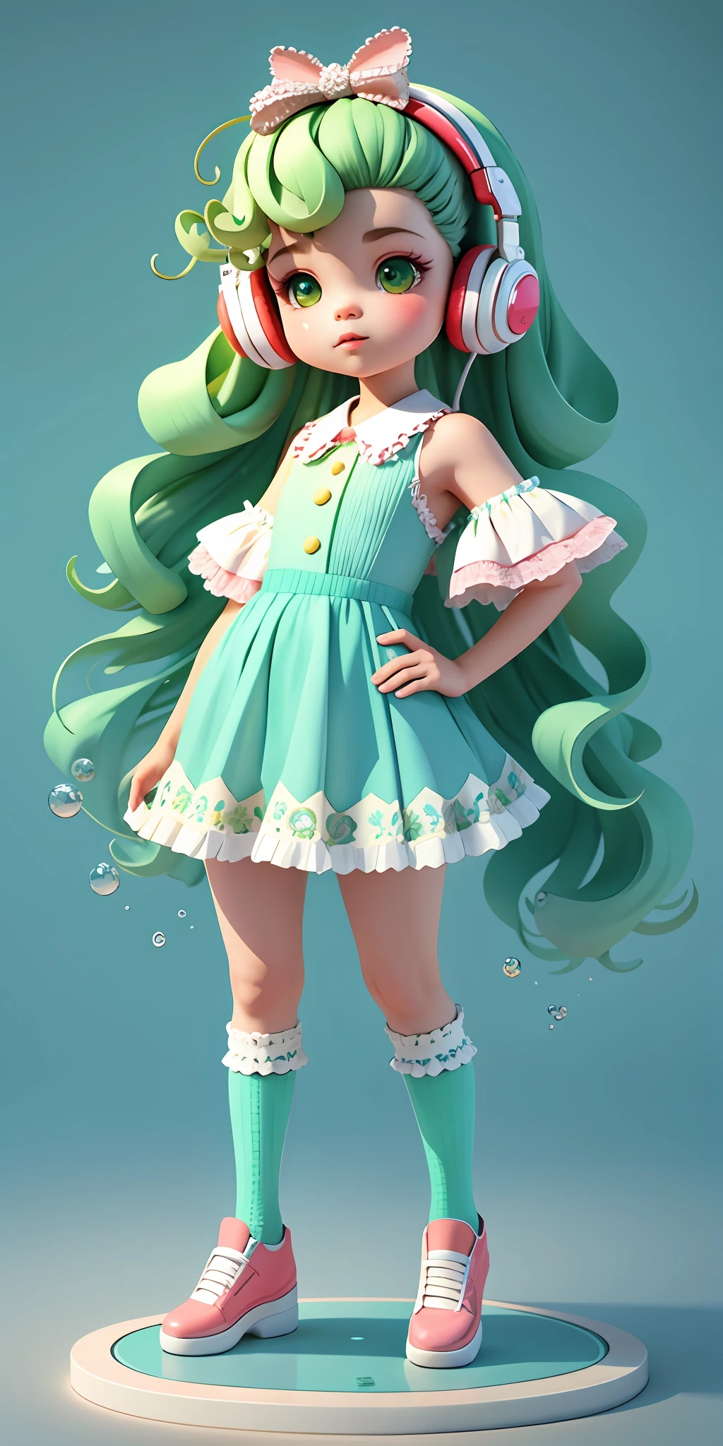 Cute little girl with big watery eyes, full body, delicate shoes, delicate hair, long curly hair,song suit, pompadour skirt, beautiful vest, lace shirt, Bubble sleeves, sequin, bow, plaid, green hair, Headphones, Long Hair, popmart blind box, clay texture, clean background, natural light, best quality, ultra detail, 3d art, c4d, blender, oc renderer, 3d render, 8k