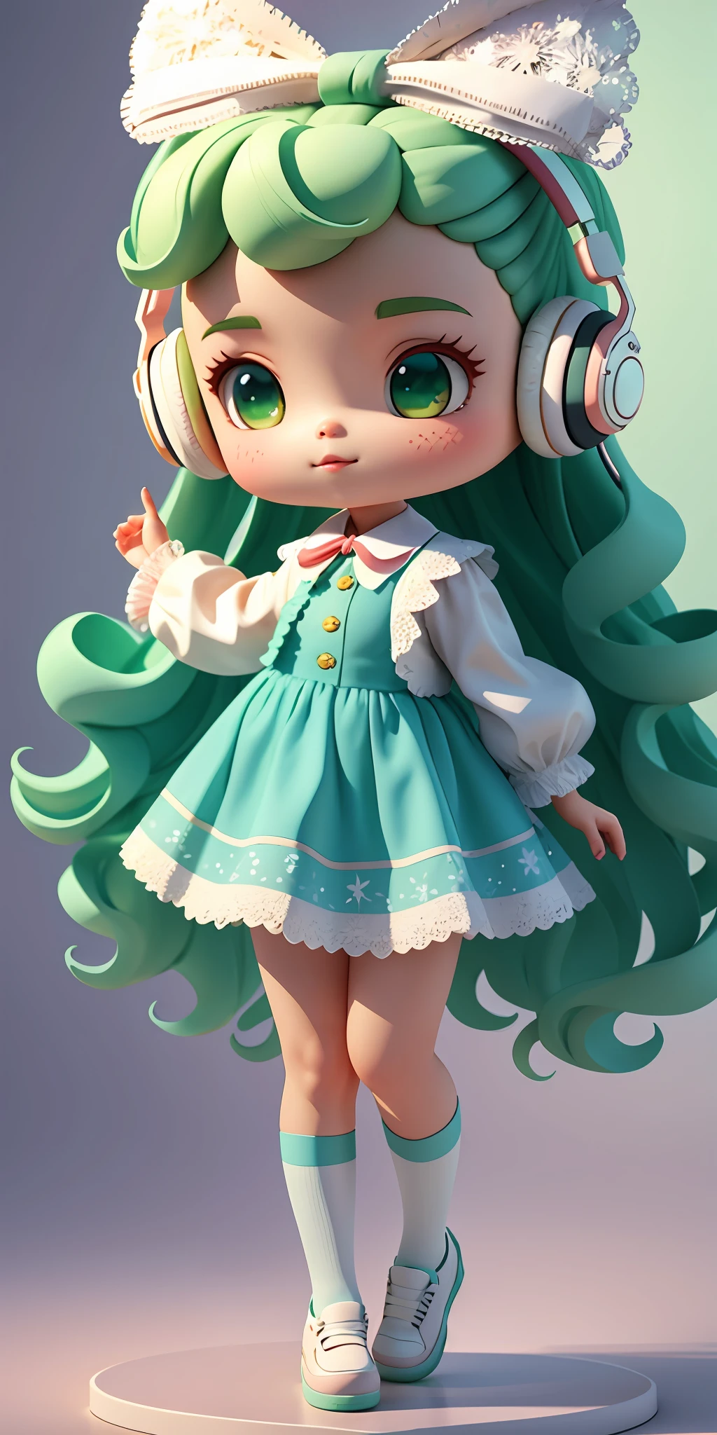 Cute with big watery eyes, full body, delicate shoes, delicate hair, long curly hair,song suit, pompadour skirt, beautiful vest, lace shirt, Bubble sleeves, sequin, bow, plaid, green hair, Headphones, Long Hair, popmart blind box, clay texture, clean background, natural light, best quality, ultra detail, 3d art, c4d, blender, oc renderer, 3d render, 8k