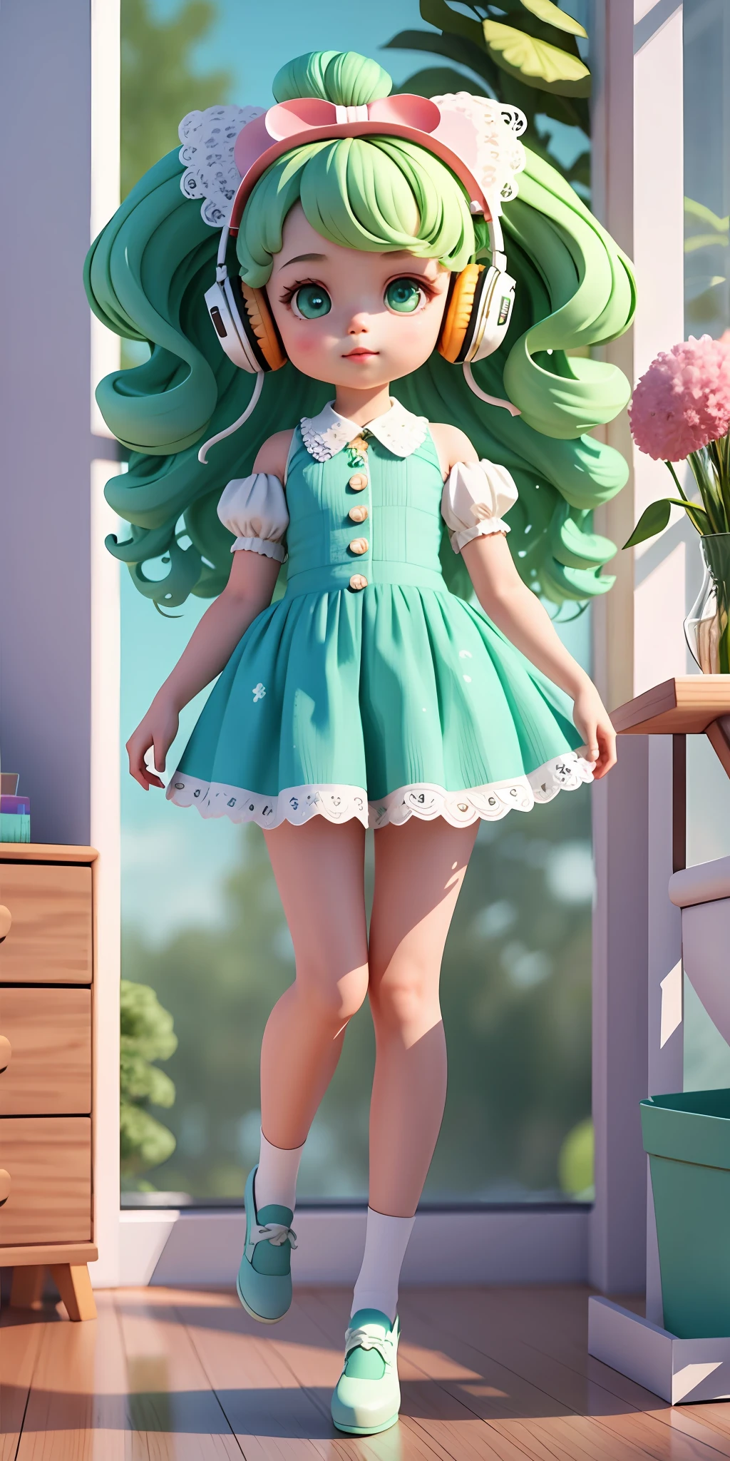 Cute little girl with big watery eyes, full body, delicate shoes, delicate hair, long curly hair,song suit, pompadour skirt, beautiful vest, lace shirt, Bubble sleeves, sequin, bow, plaid, green hair, Headphones, Long Hair, popmart blind box, clay texture, clean background, natural light, best quality, ultra detail, 3d art, c4d, blender, oc renderer, 3d render, 8k
