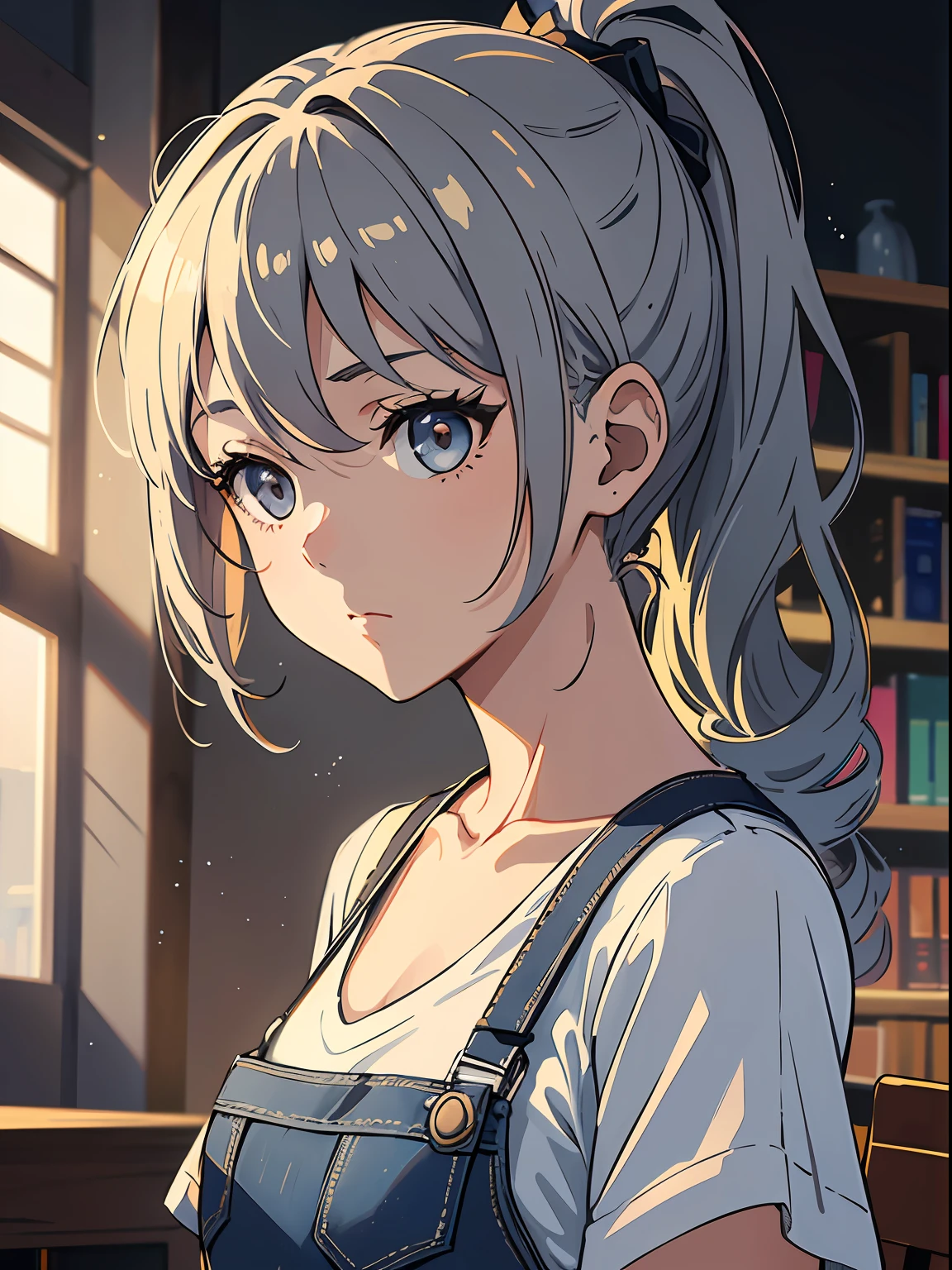 Exquisite masterpiece, best quality, illustration style, an anime girl with a curly ponytail, gray beautiful eyes, student dress, library, white short sleeves with jeans, reading, silhouette, small, heartwarming, youthful beauty, gray hair, presents a natural casual style. The dynamic posture contains the golden section, large aperture portrait, the picture is blank, the contrast between light and shadow is strong, the texture is super strong, the picture is super clear and concise, presenting extremely beautiful, elegant temperament, delicate facial expressions, dusk sunlight spilling from the window, metering