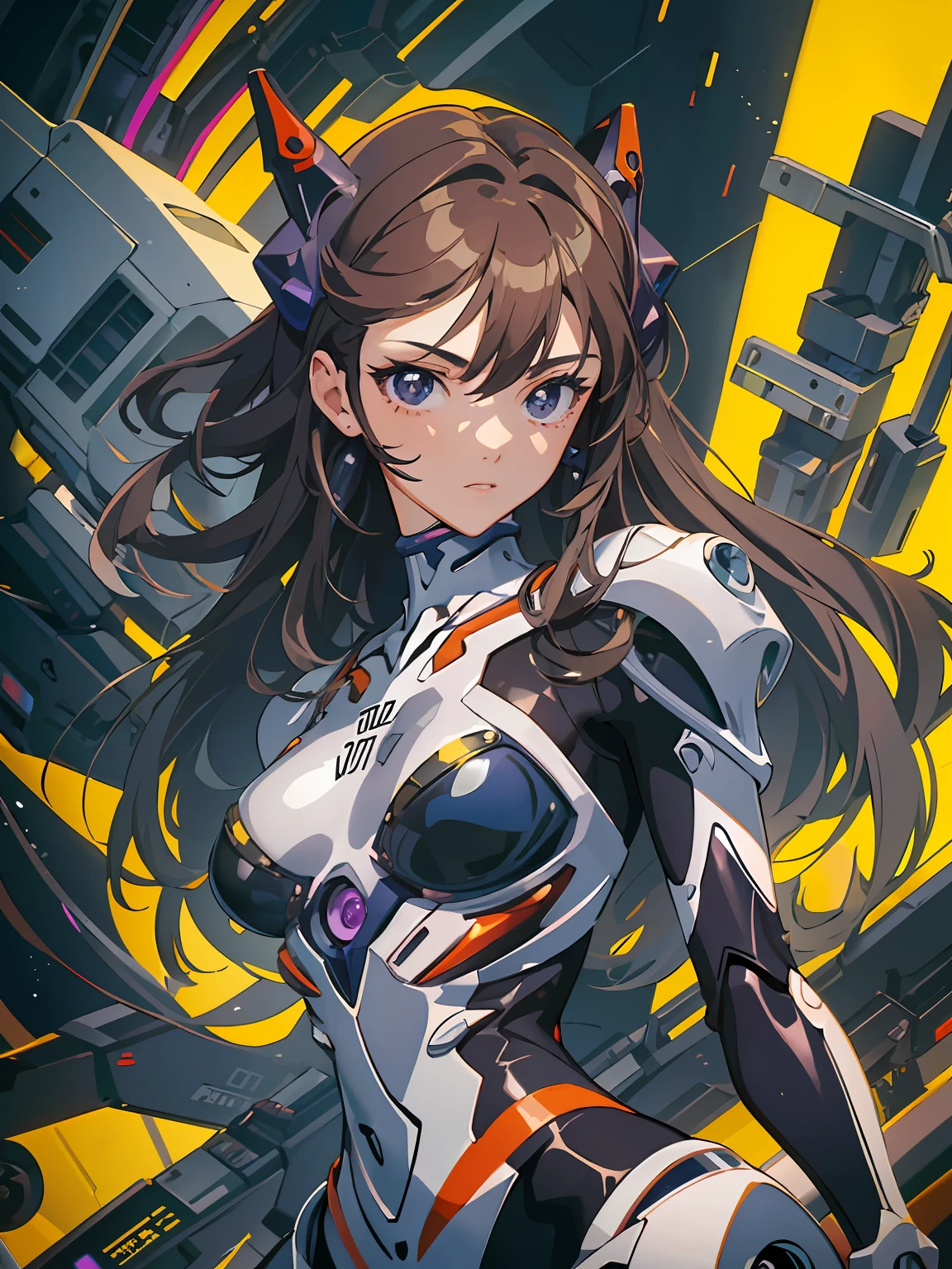 masterpiece, best quality, ultra-detailed, illustration, 1girl, highly detailed evangelion costume, (large robot background), detailed skin texture, beautiful detailed face, intricate details, ultra detailed