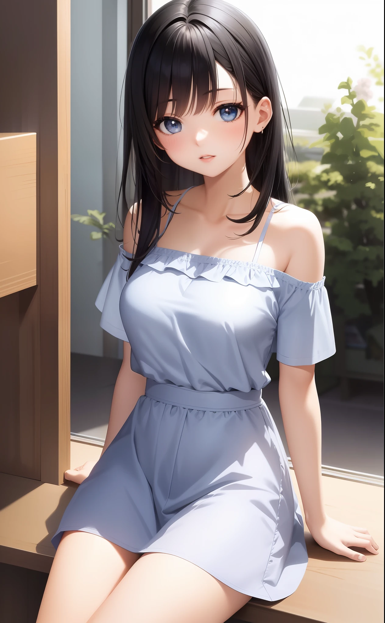 4K, masterpiece, best quality, anime, illustration, black hair straight, 1girl, watch viewer, big, high school student, camisole, three-dimensional