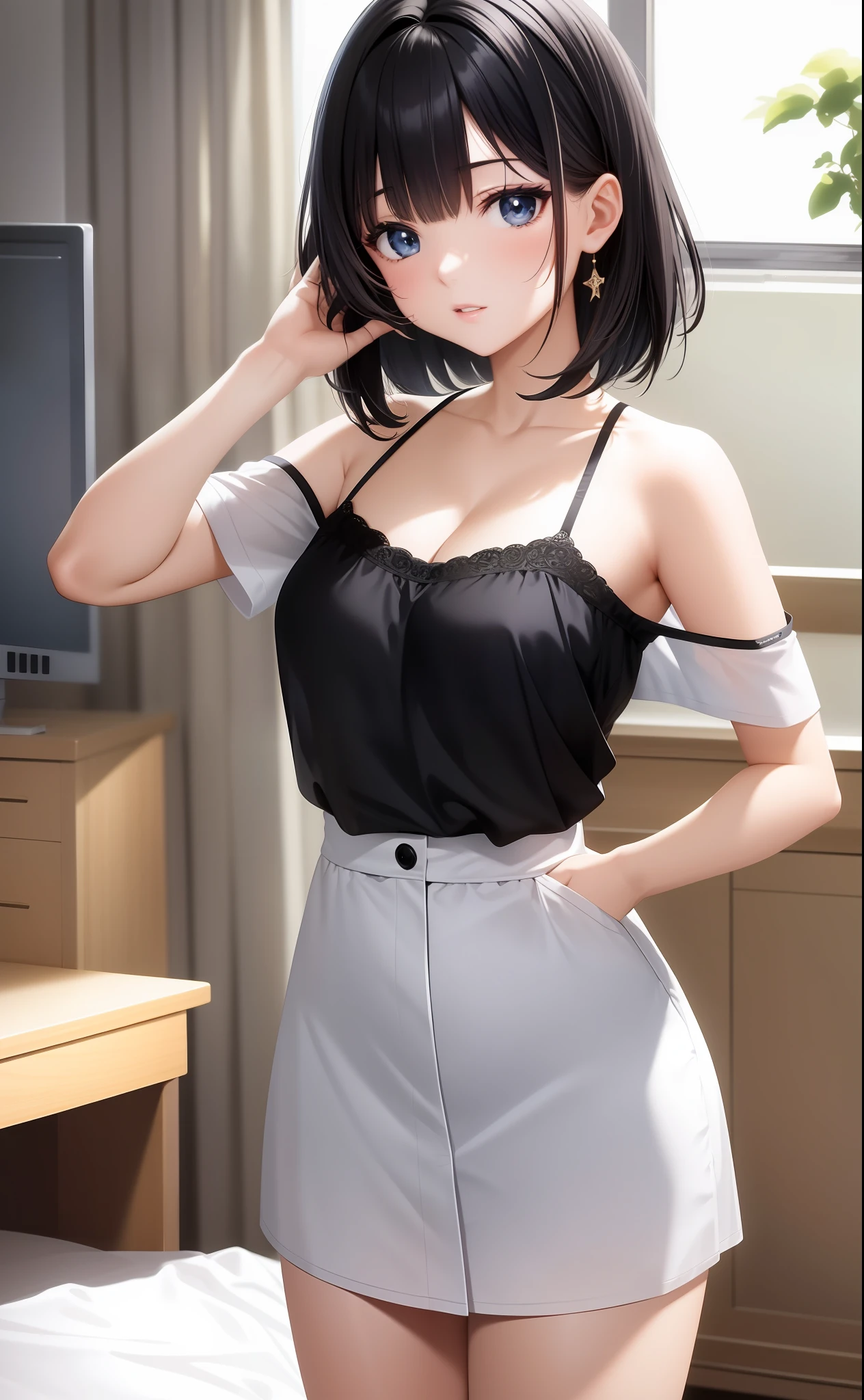 4K, masterpiece, best quality, anime, illustration, black hair straight, 1girl, watch viewer, big, high school student, camisole, three-dimensional