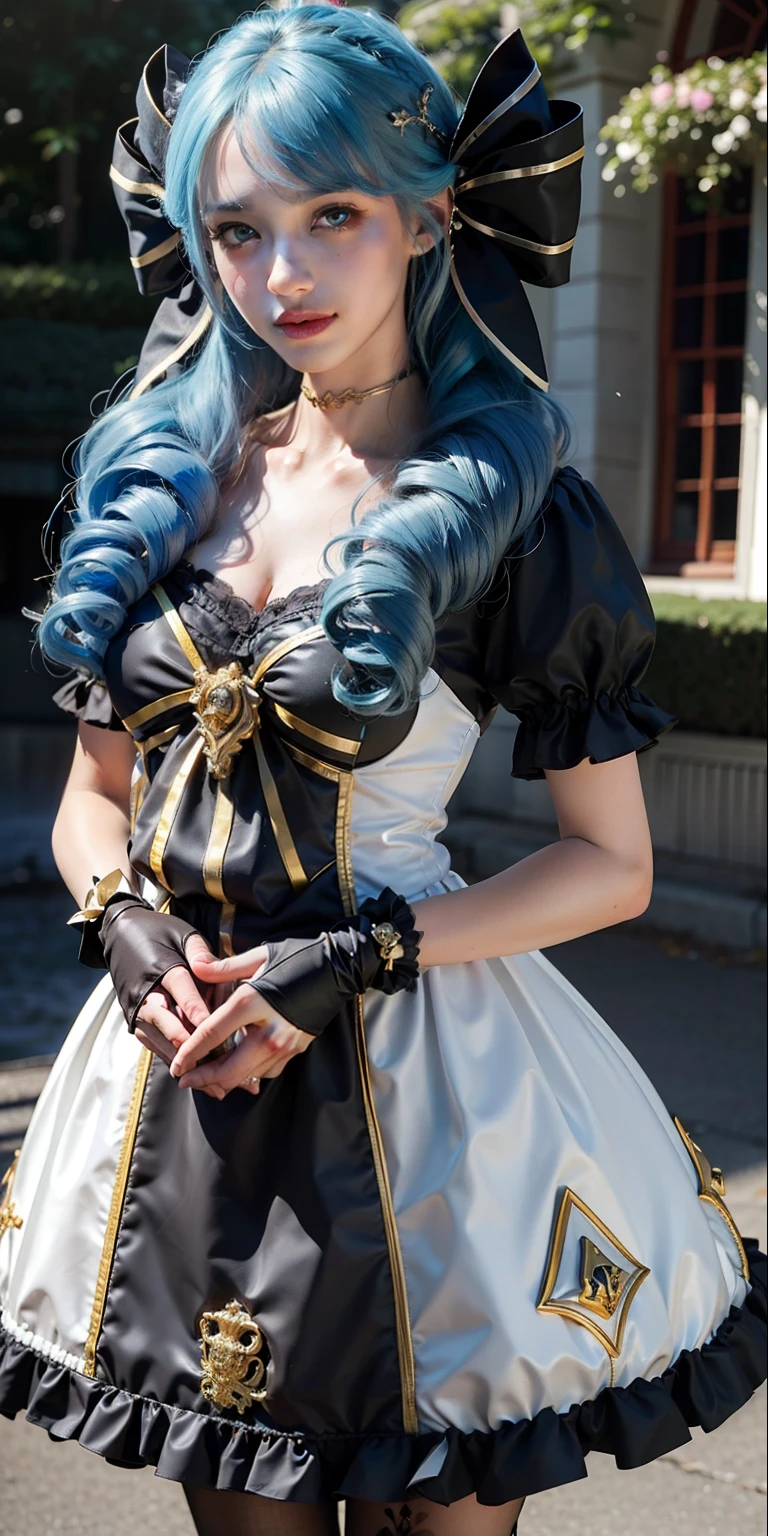 Best quality, masterpiece, ultra high res, (photorealistic:1.4), raw photo, 1girl, black bow, black gloves, black legwear, blue eyes, blue hair, bow, collarbone, dress, drill hair, frilled dress, frills, gloves, gwen \(league of legends\), hair ornament, highres, league of legends, long hair, parted lips, puffy sleeves, pink pupils, smile, solo, white dress, x, x hair ornament,