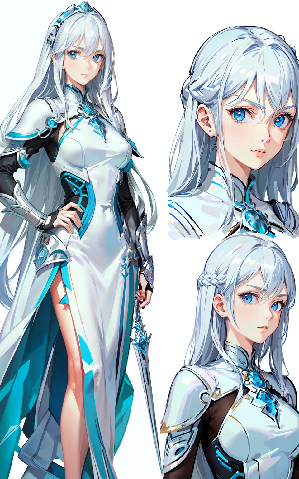 (masterpiece)),(((best quality)),((character design sheet, same character, front, side, back)), illustration, 1 girl, long white hair, hair in eyes, beautiful blue eyes, environment Scene change, pose too, female ice warrior, ice armor, holds a blue dagger, (single background, white background: 1.3)
