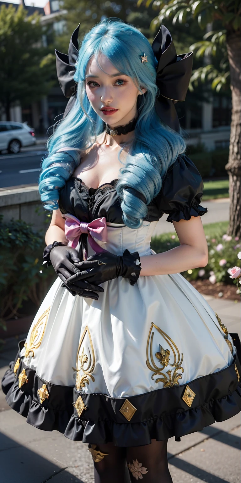 Best quality, masterpiece, ultra high res, (photorealistic:1.4), raw photo, 1girl, black bow, black gloves, black legwear, blue eyes, blue hair, bow, collarbone, dress, drill hair, frilled dress, frills, gloves, gwen \(league of legends\), hair ornament, highres, league of legends, long hair, parted lips, puffy sleeves, pink pupils, smile, solo, white dress, x, x hair ornament,