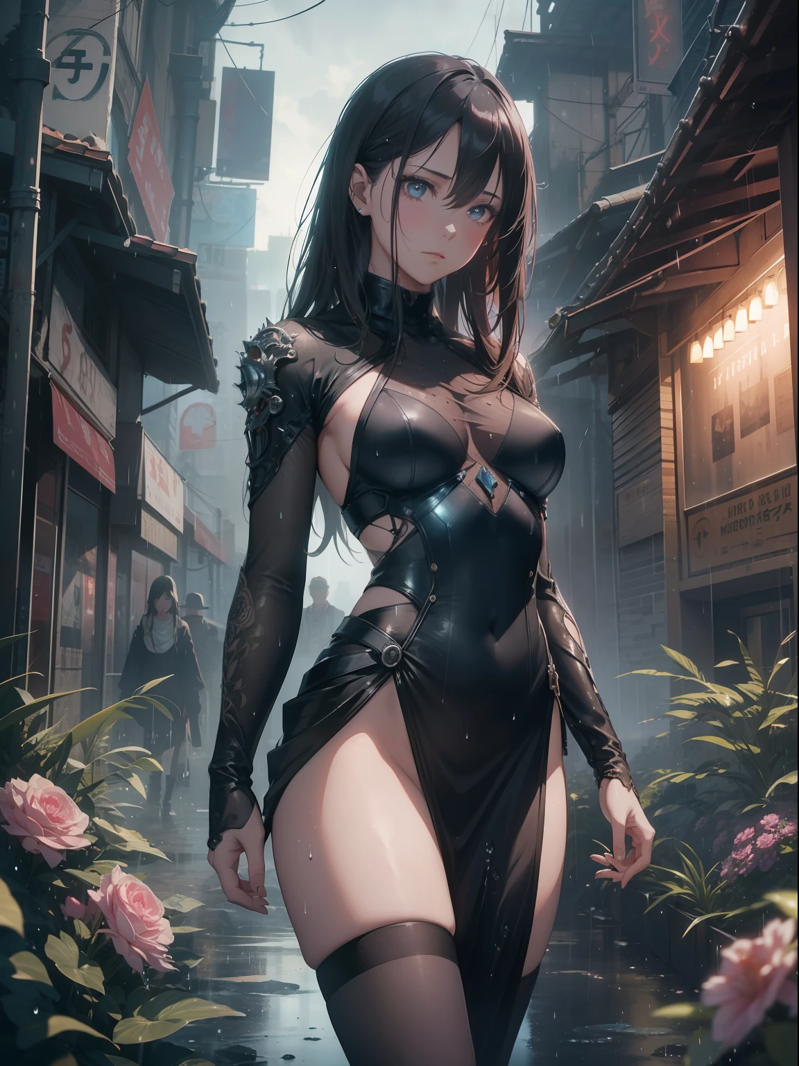 16K, HDR, UHD, best quality, masterpiece, anime style, beautiful young woman in beautiful flower garden, raining, wet, detailed rain droplets, cowboy shot, wearing a beautiful dress, ultra beautiful detailed  eyes, hyperdetailed face, complex,  perfect, model,  textured,  chiaroscuro, professional make-up, realistic, rough, dominating, figure in frame, by WLOP, cinematic lighting, award winning, RTX, ray tracing, hyper realistic, ethereal, post-apocalyptic, dystopian, cyberpunk, night, neon lights, despair,