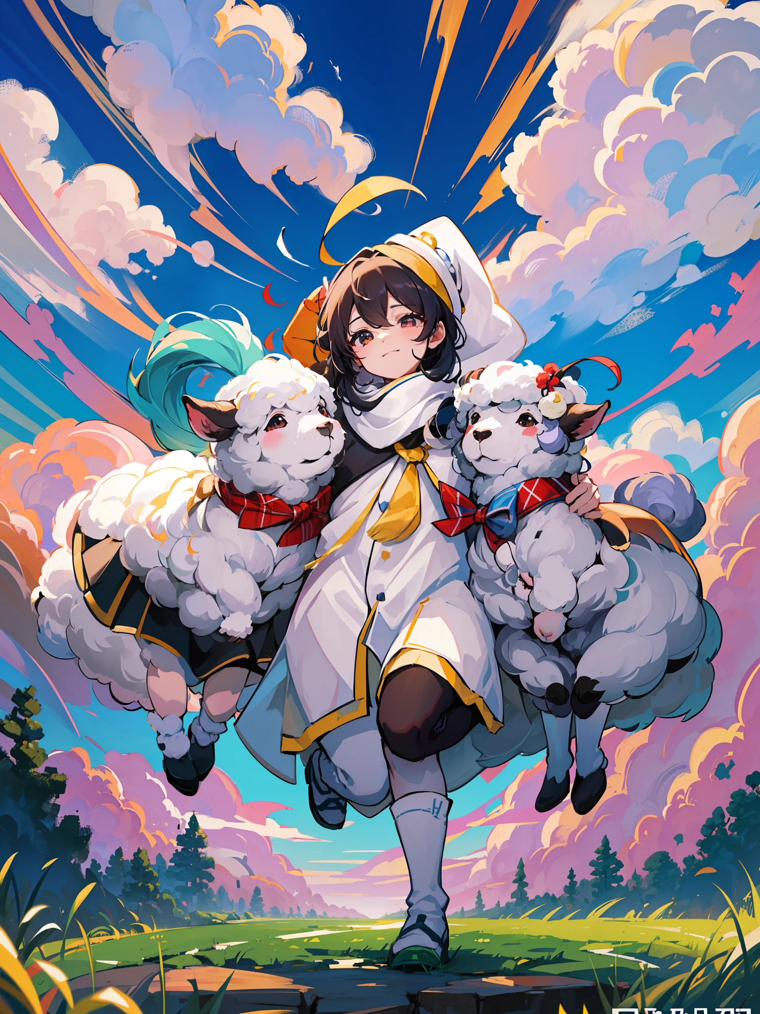 there are three sheeps that are jumping in the air, 中 元 节, soft and warm, [ [ soft ] ], soft coloring, art cover, lamb and goat fused as one, 🪔 🎨;🌞🌄, lofi, soft color, 千 葉 雄 大, soft and fluffy, soft clouds