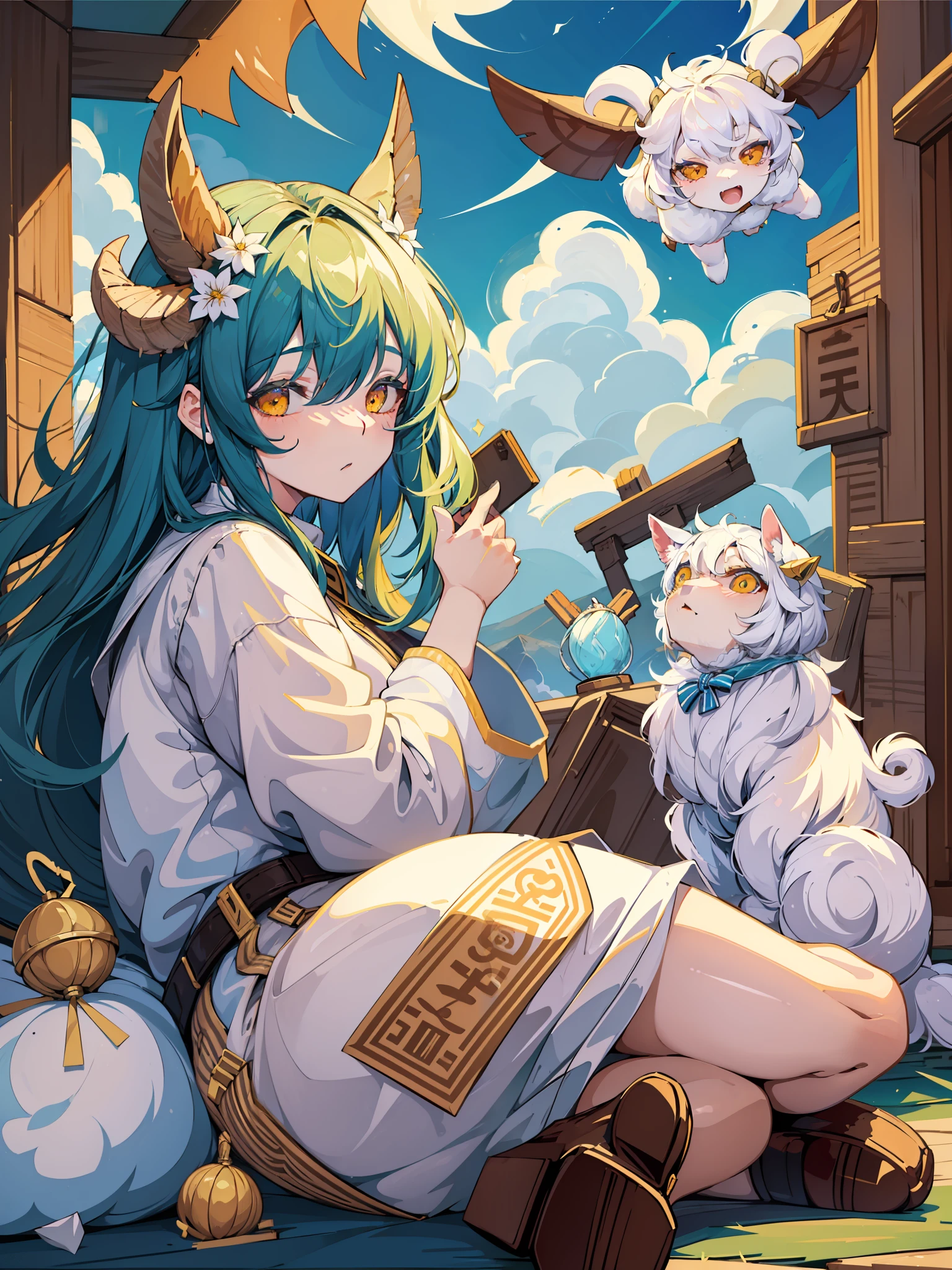 there are three sheeps that are jumping in the air, 中 元 节, soft and warm, [ [ soft ] ], soft coloring, art cover, lamb and goat fused as one, 🪔 🎨;🌞🌄, lofi, soft color, 千 葉 雄 大, soft and fluffy, soft clouds